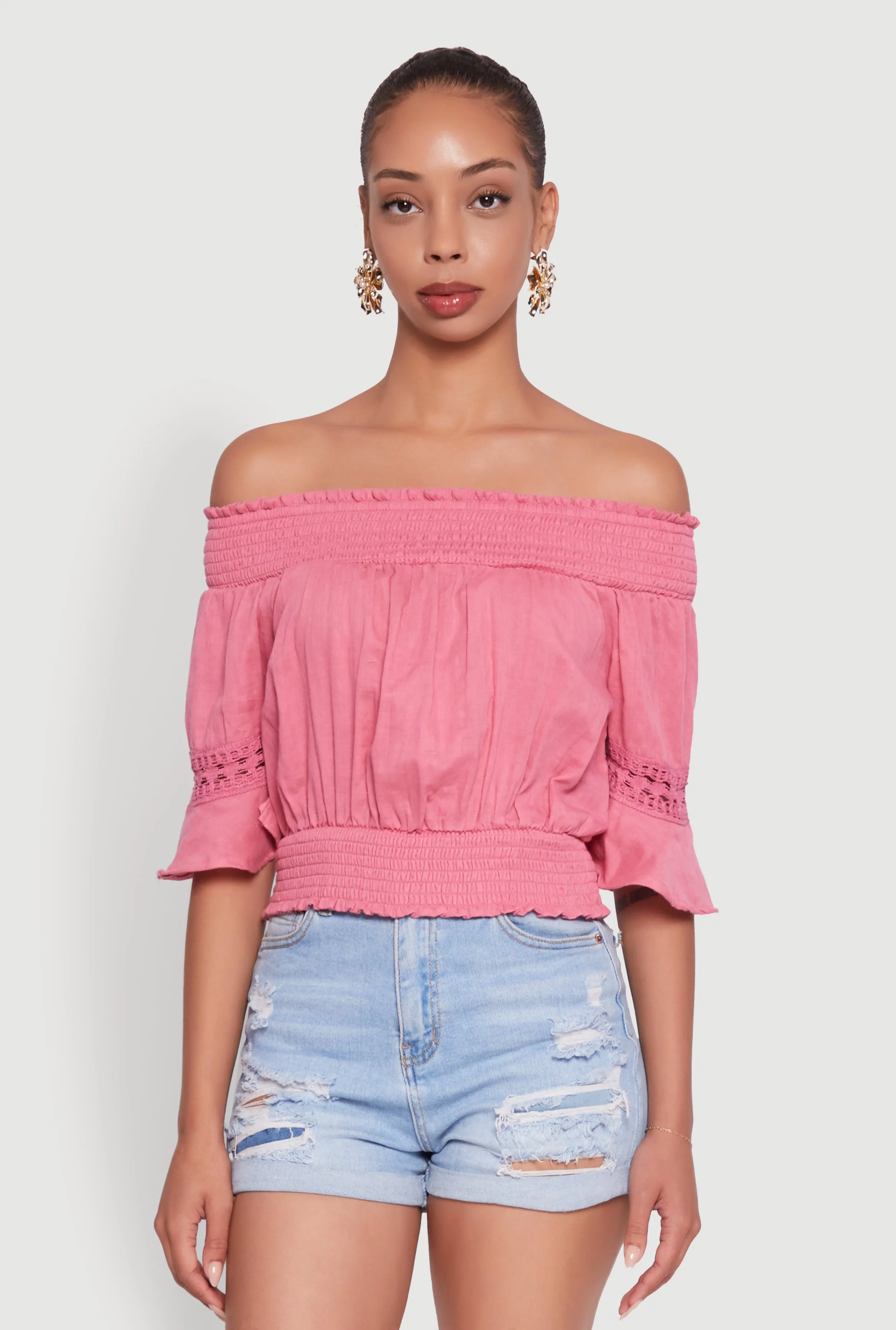 Off The Shoulder Smocked Cropped Peasant Top sold by Rainbow product image thumbnail 2