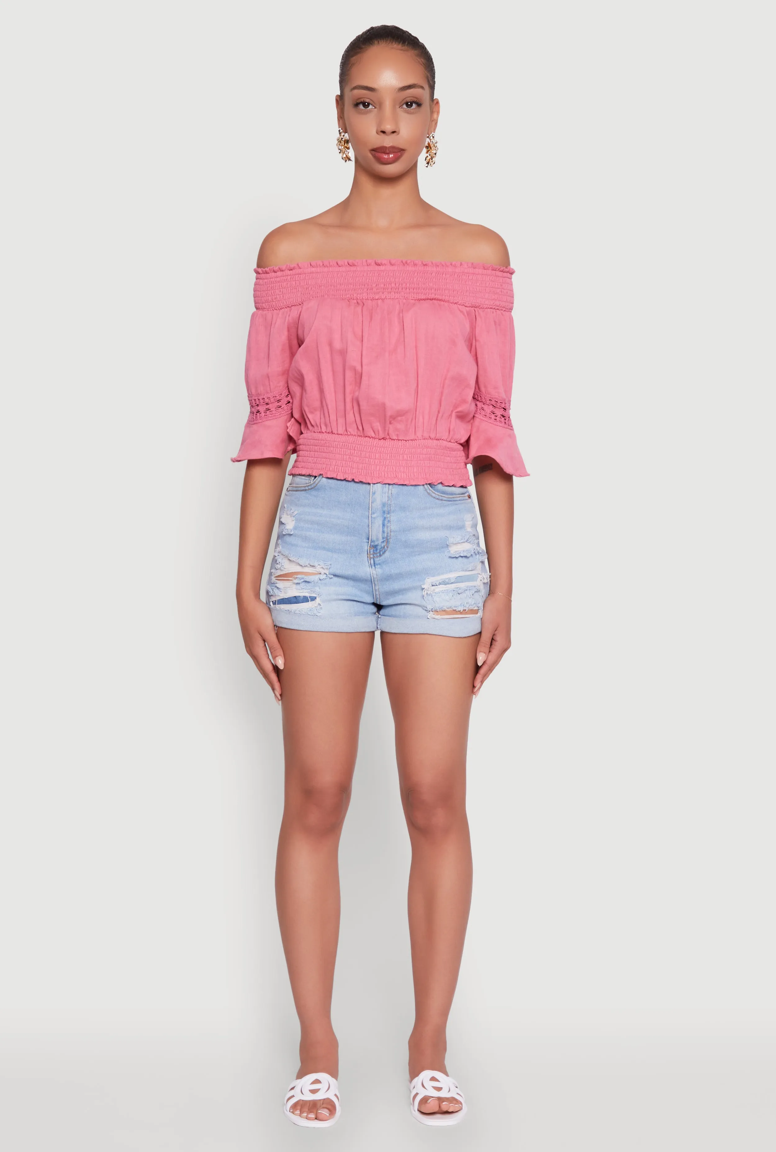 Off The Shoulder Smocked Cropped Peasant Top sold by Rainbow product image thumbnail 3