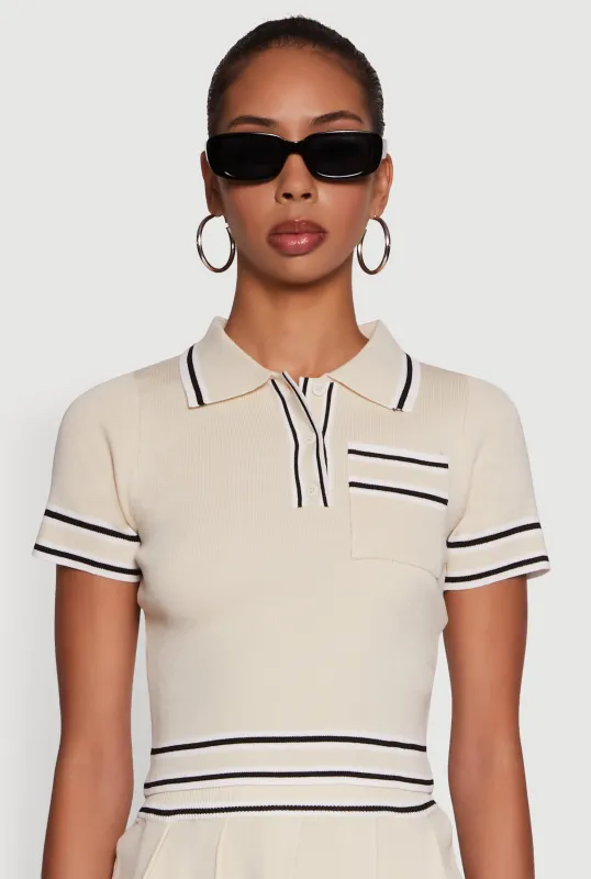 Daisy Varsity Stripe Trim Cropped Polo Shirt sold by Rainbow
