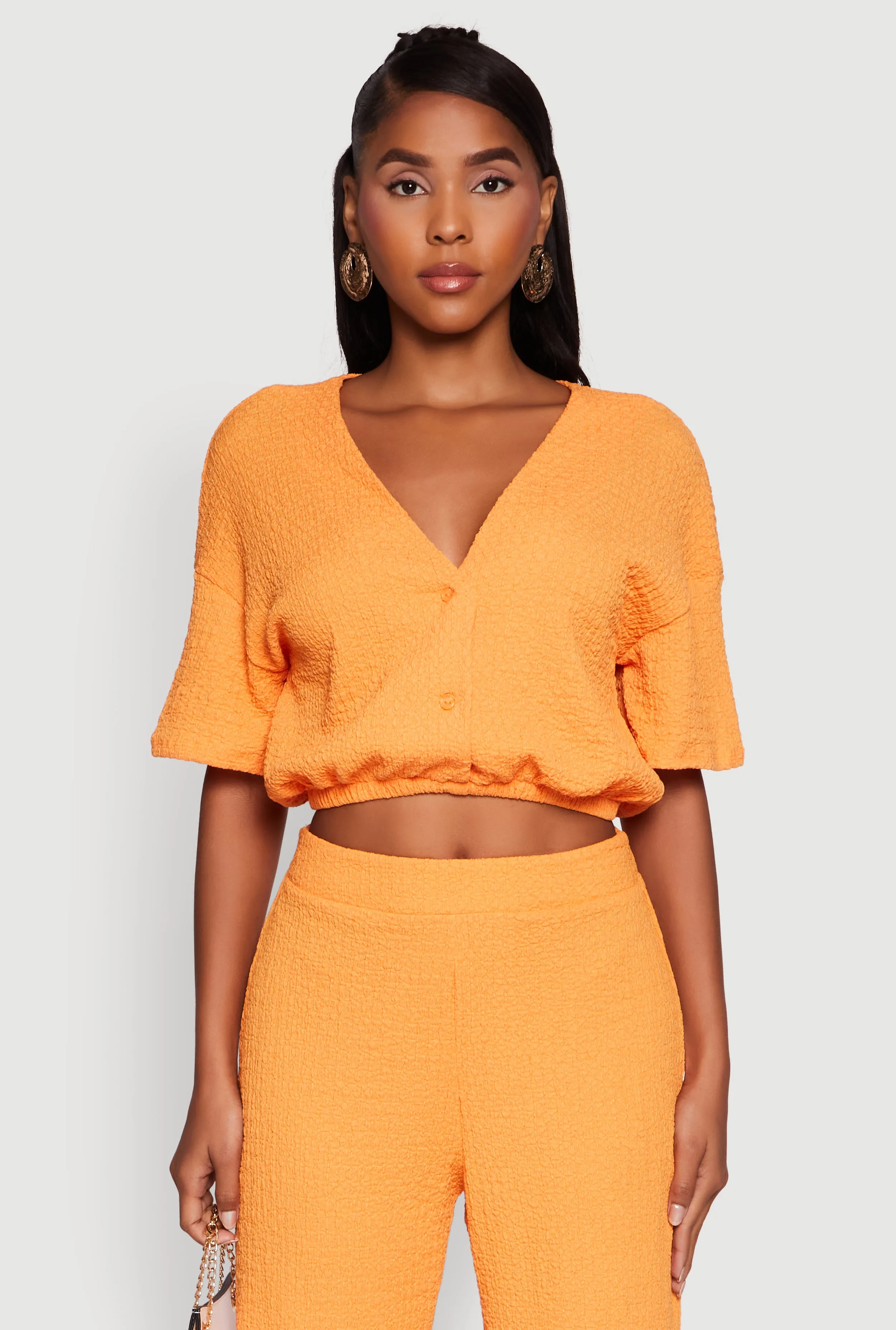 Trendy Textured Knit Button Front V-Neck Blouse sold by Rainbow