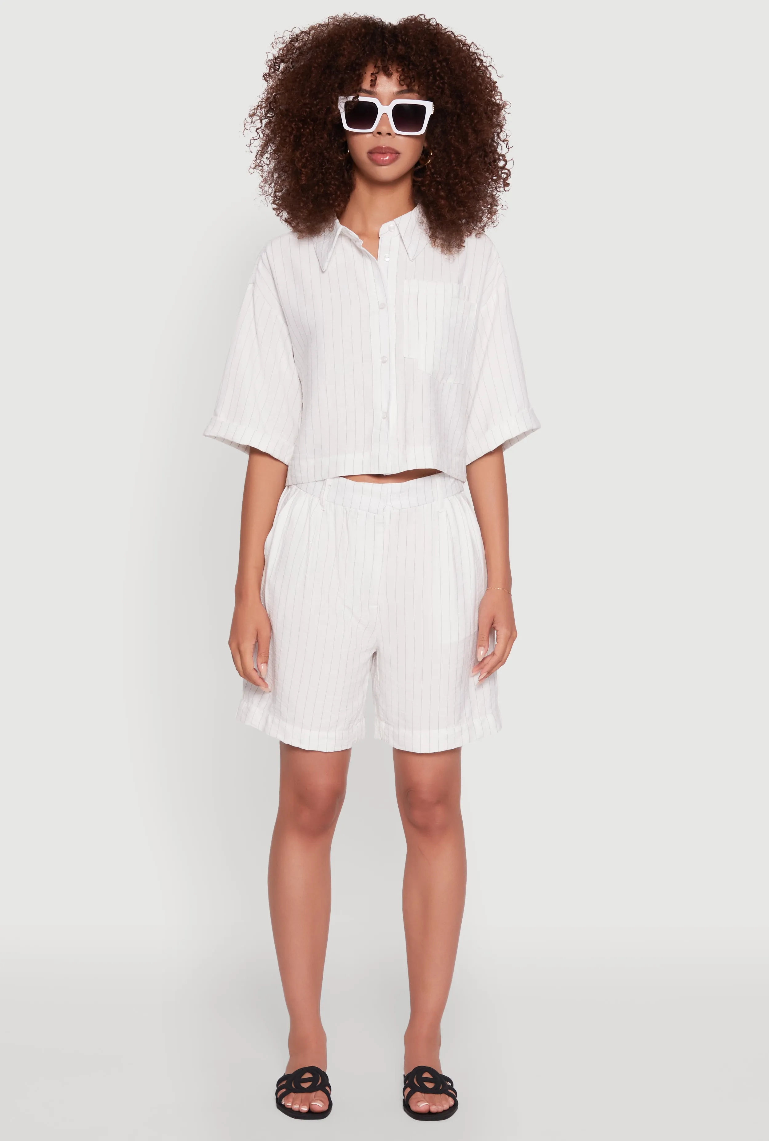 Trendy High Waisted Pinstripe Crepe Knit Shorts sold by Rainbow product image thumbnail 2