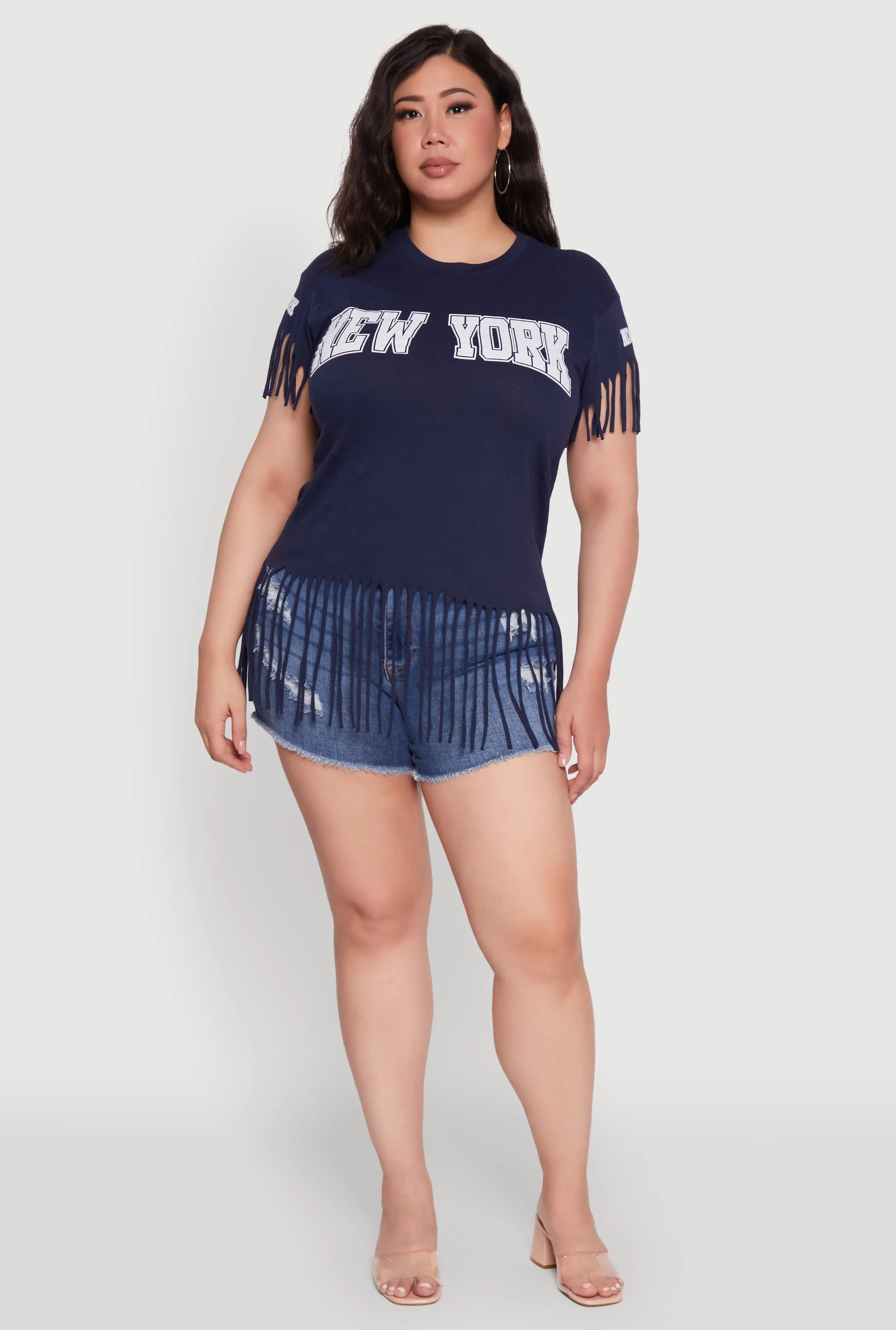 Plus Size New York Graphic Fringe Hem Tee sold by Rainbow