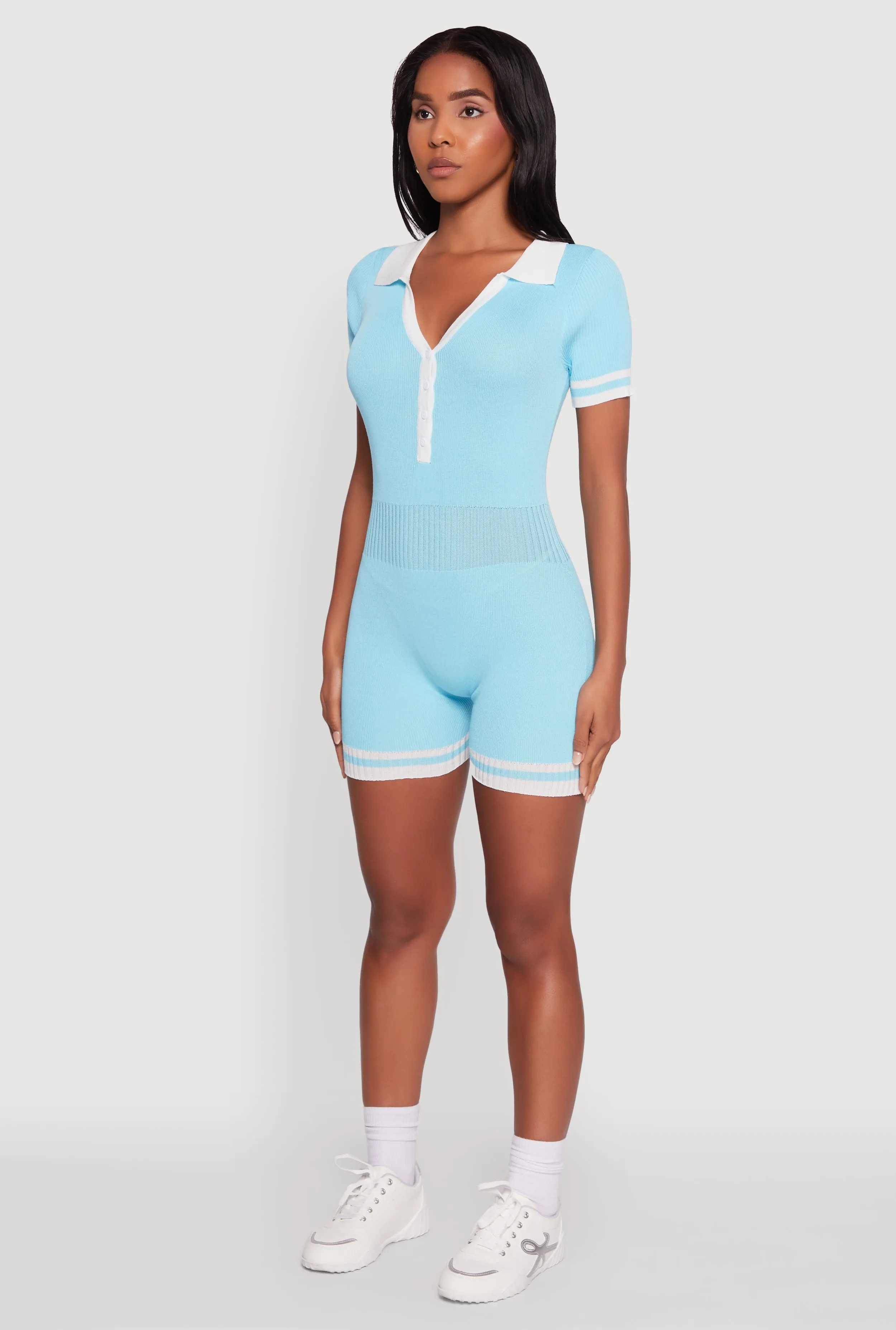 Daisy Ribbed Knit Varsity Stripe Button Front Romper sold by Rainbow product image thumbnail 3