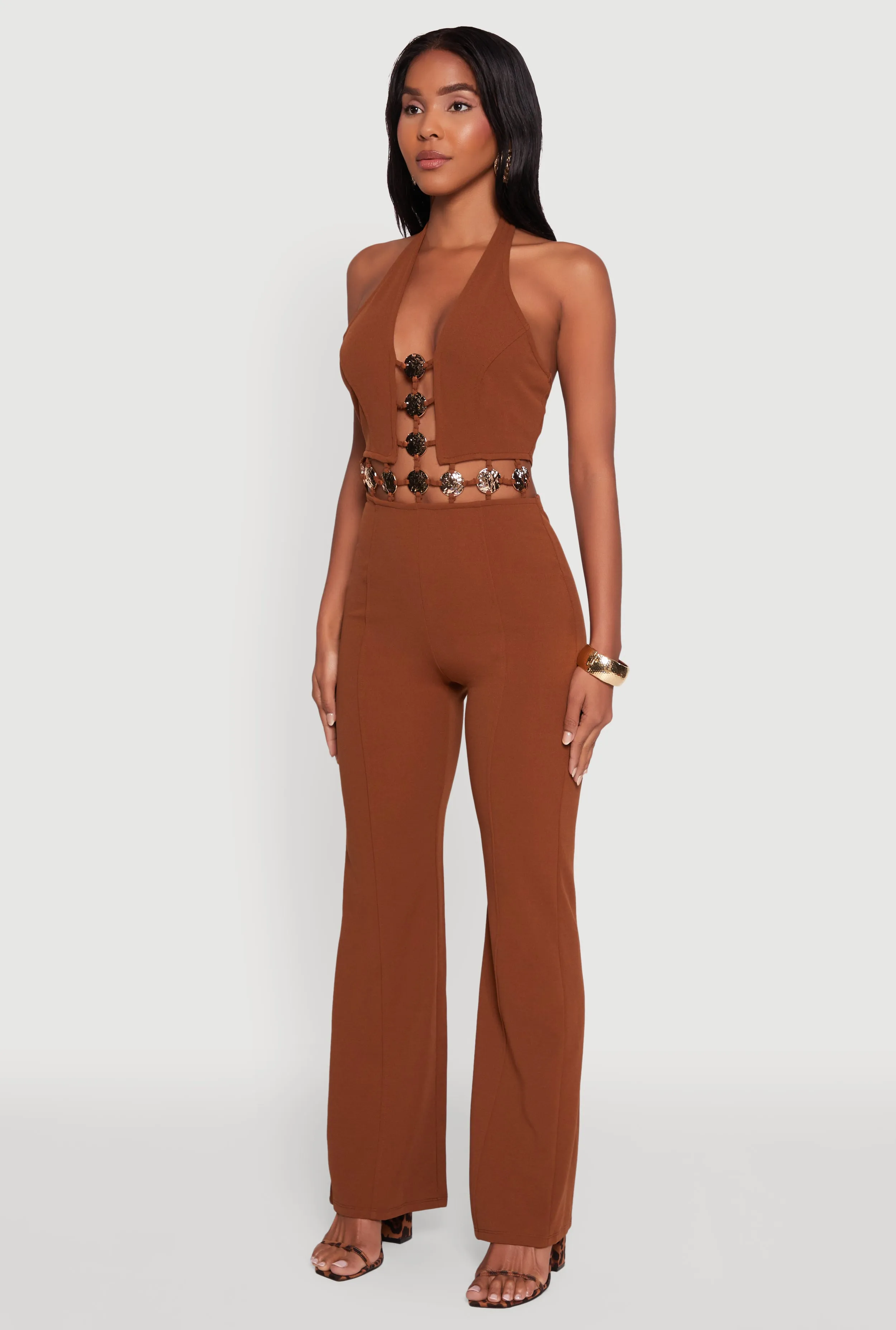 Metallic Detail Plunge Tie Back Halter Jumpsuit sold by Rainbow product image thumbnail 3