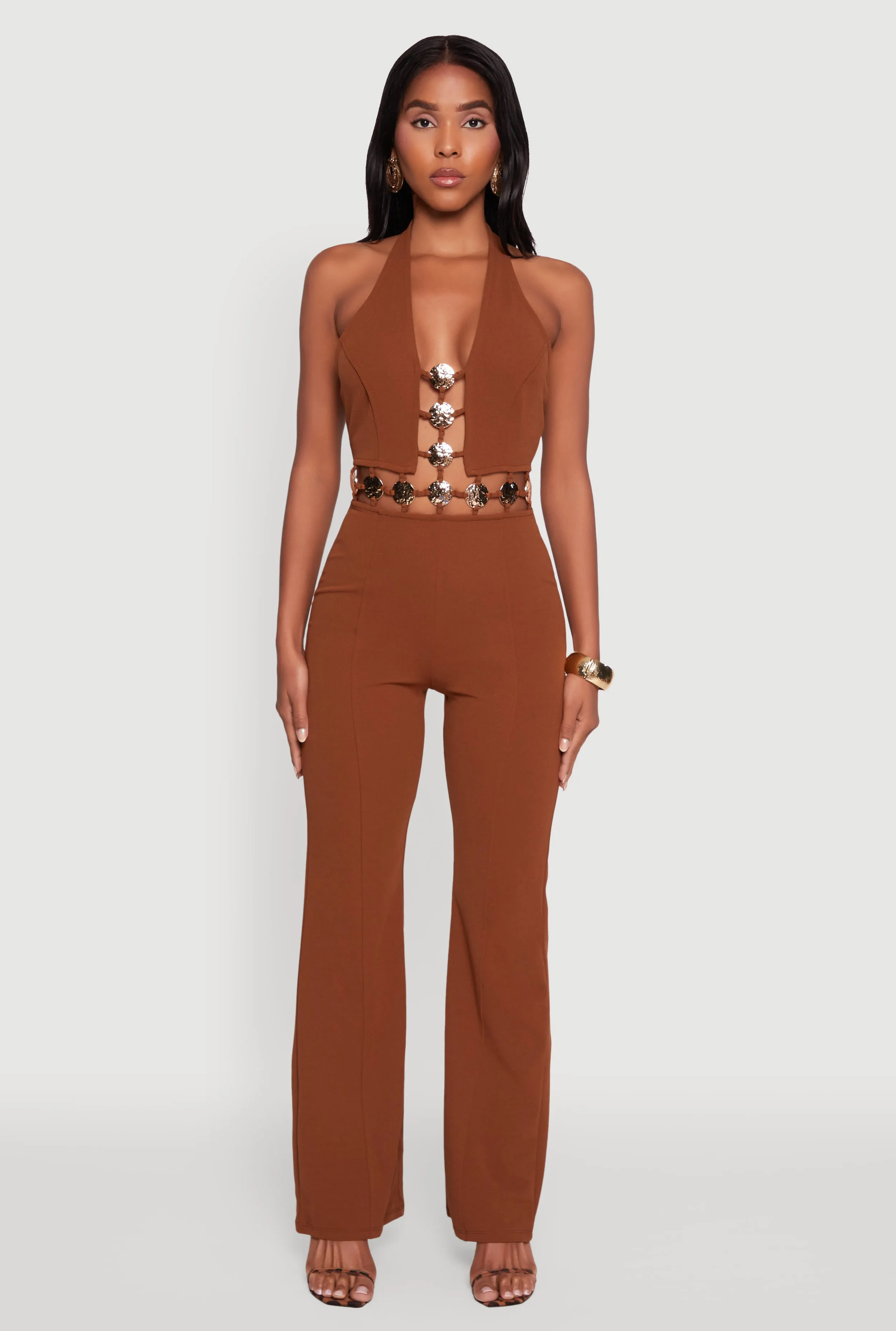 Metallic Detail Plunge Tie Back Halter Jumpsuit sold by Rainbow product image thumbnail 2