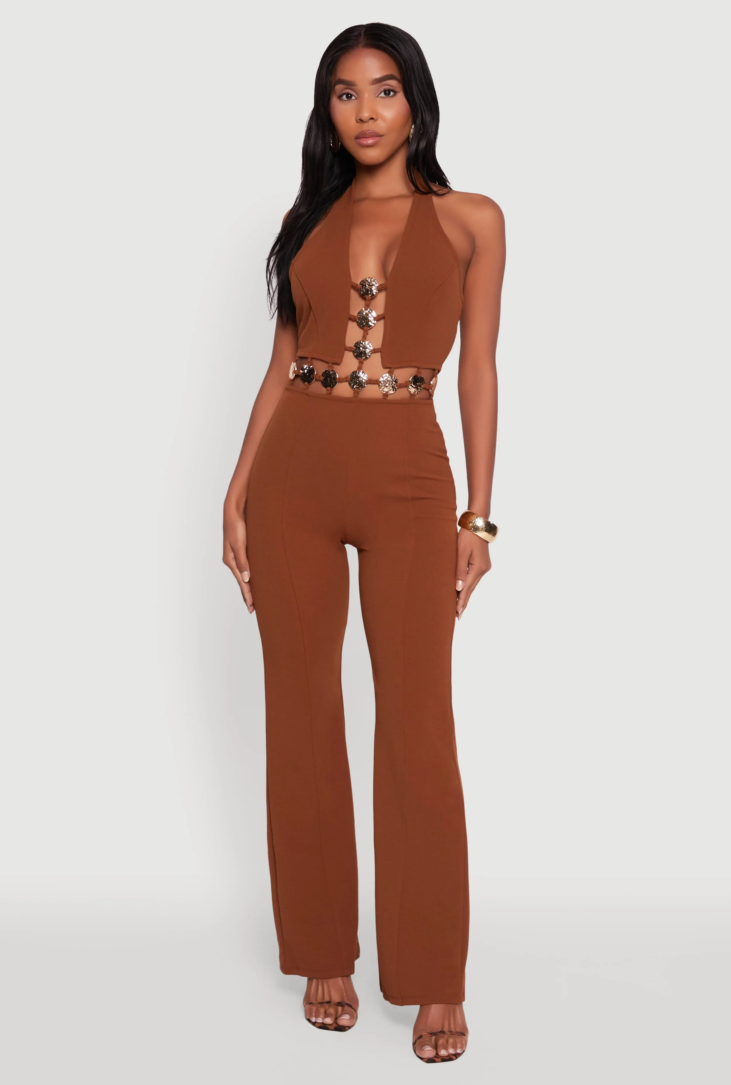 Metallic Detail Plunge Tie Back Halter Jumpsuit sold by Rainbow