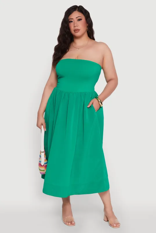 Plus Size Strapless Side Pocket Midi Dress sold by Rainbow