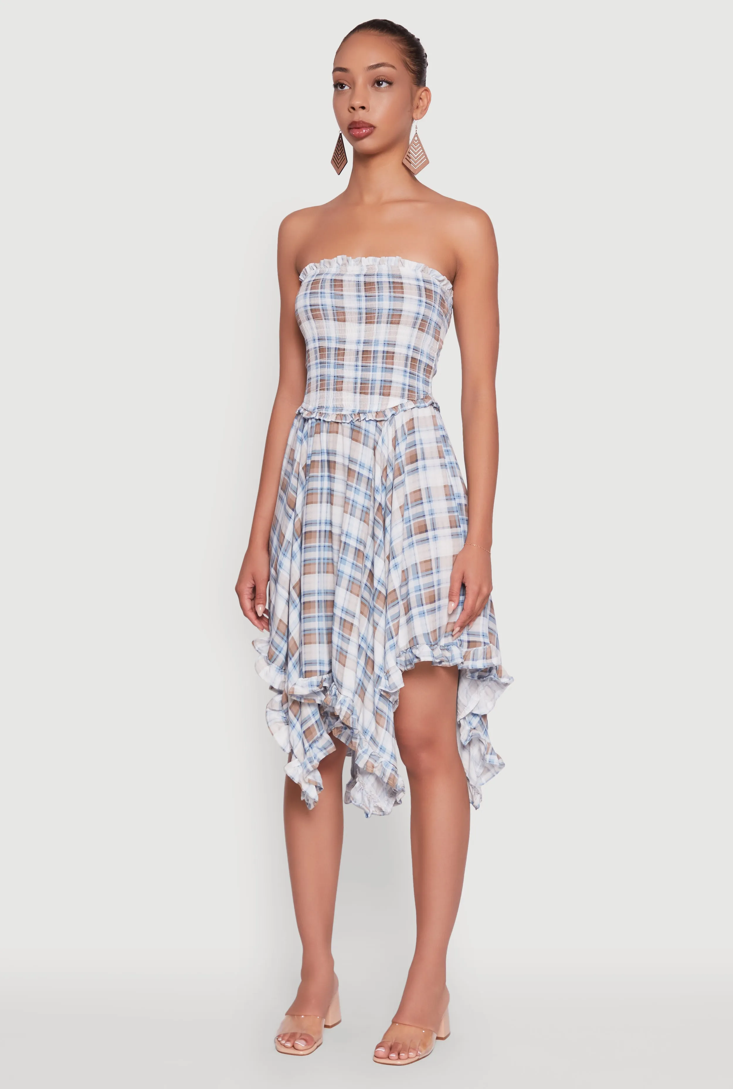 Plaid Smocked Handkerchief Hem Tube Dress sold by Rainbow product image thumbnail 3