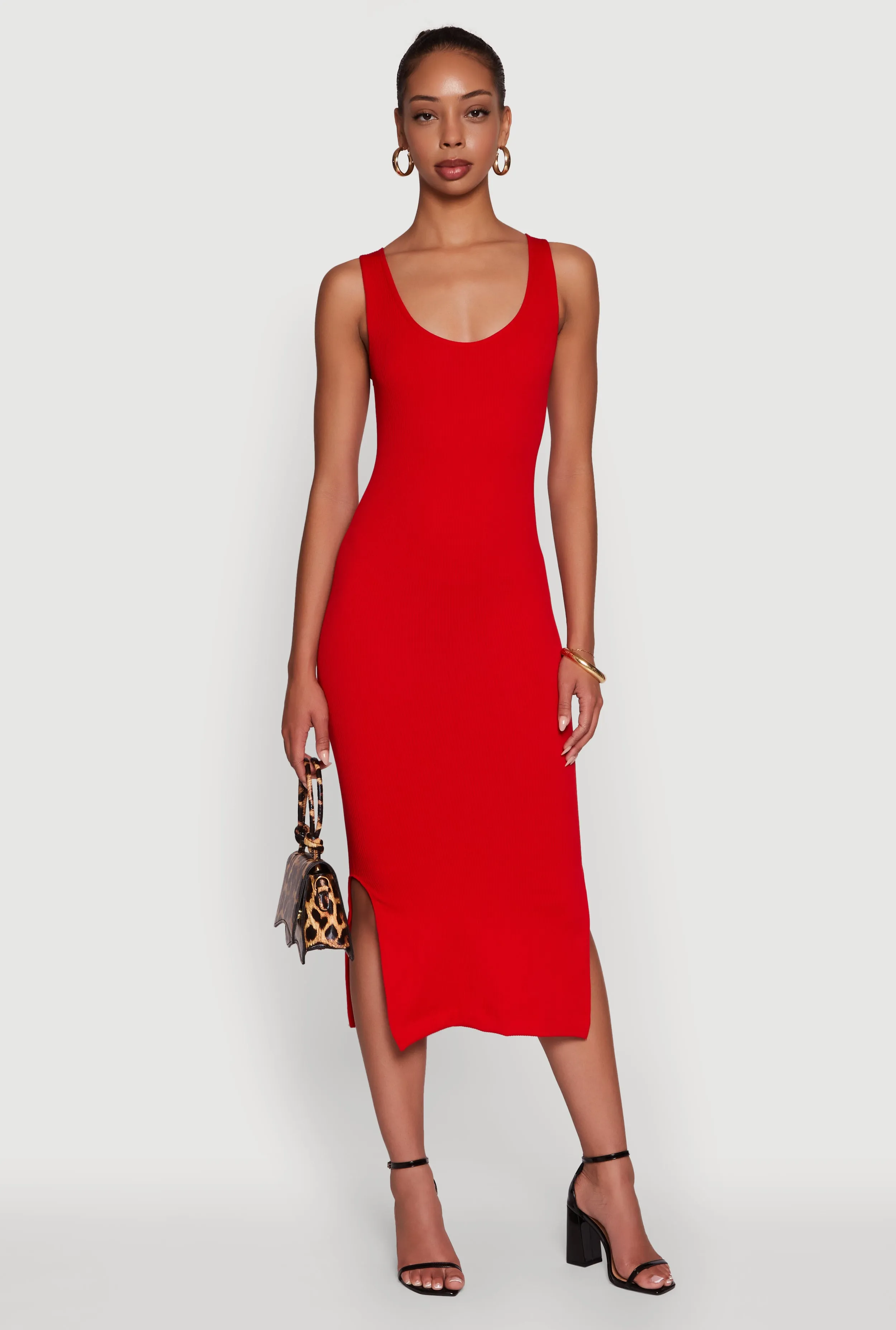 Rib Knit Scoop Neck Side Slit Tank Dress sold by Rainbow