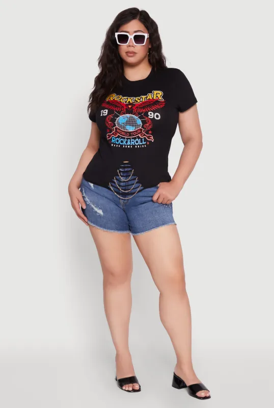 Plus Size Rockstar 1990 Graphic Tee with Chain Detail sold by Rainbow