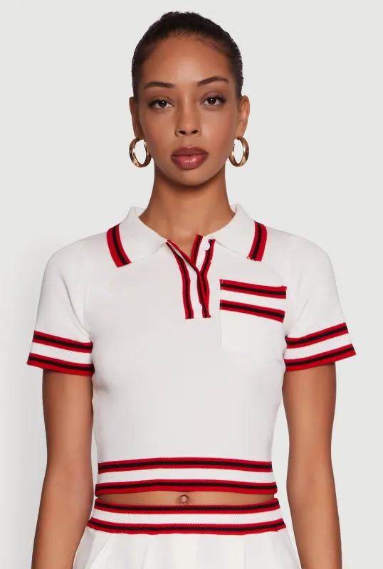 Daisy Varsity Stripe Trim Cropped Polo Shirt sold by Rainbow