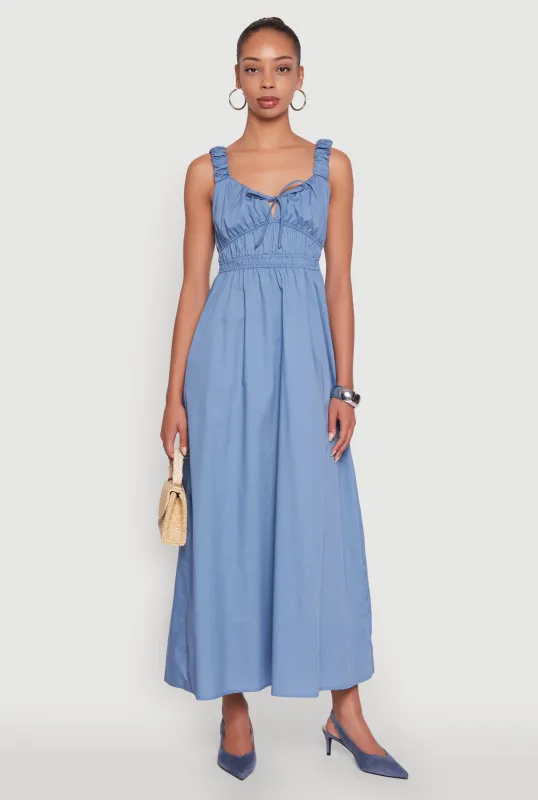 Poplin Sleeveless Scoop Neck Tie Front Maxi Dress sold by Rainbow