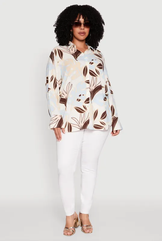 Plus Size Leaf Print Button Front Long Sleeve Shirt sold by Rainbow
