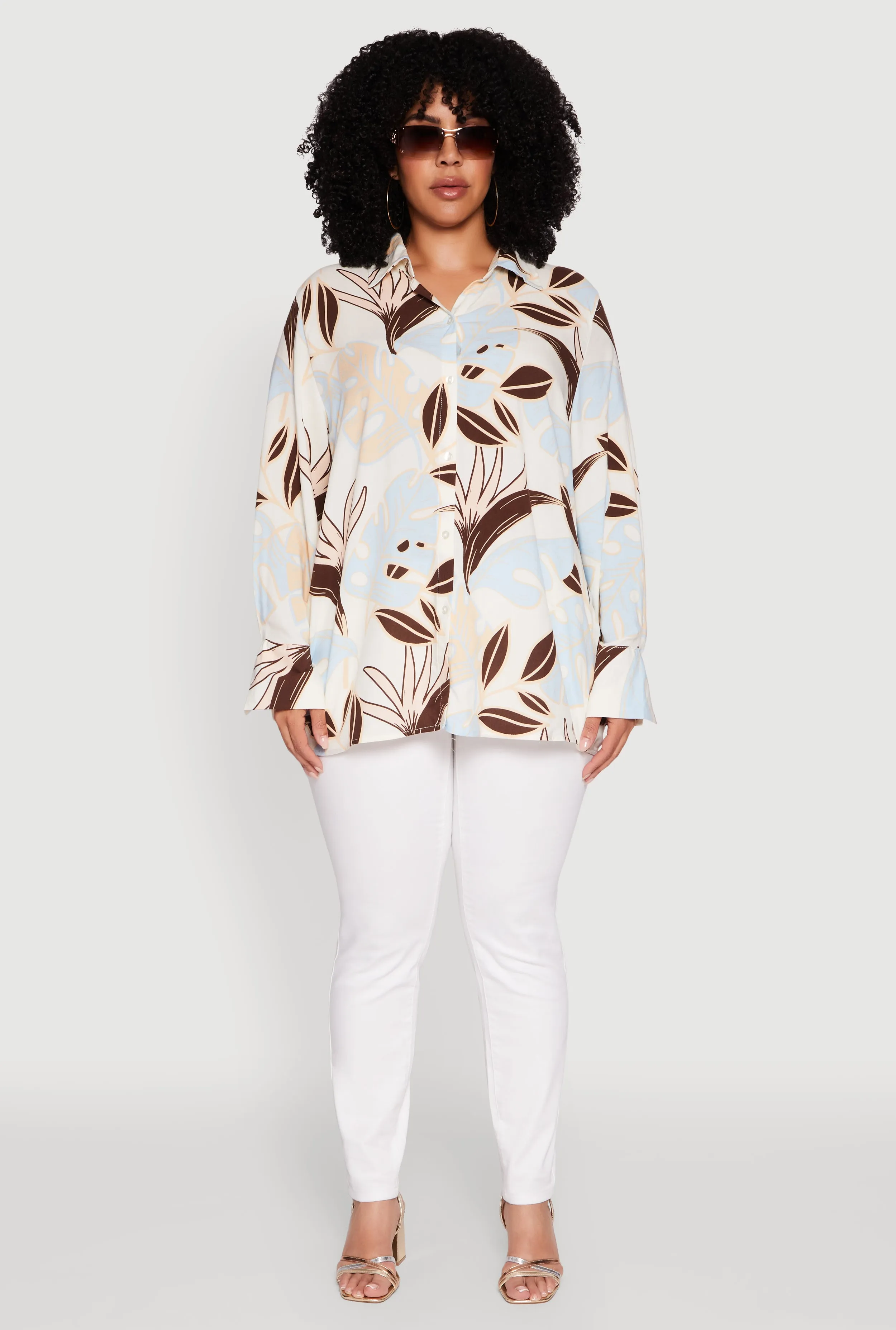 Plus Size Leaf Print Button Front Long Sleeve Shirt sold by Rainbow product image thumbnail 3