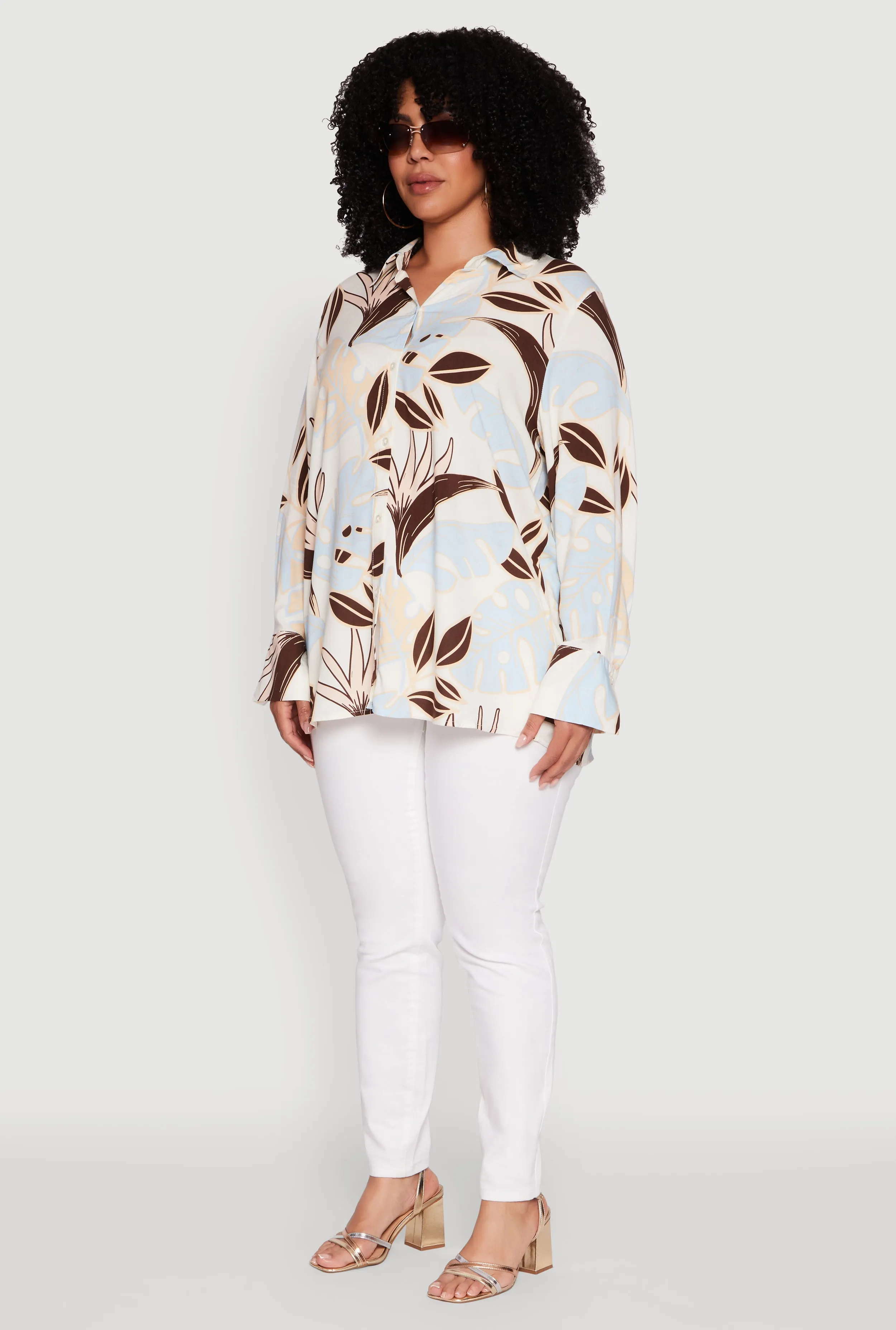 Plus Size Leaf Print Button Front Long Sleeve Shirt sold by Rainbow product image thumbnail 5