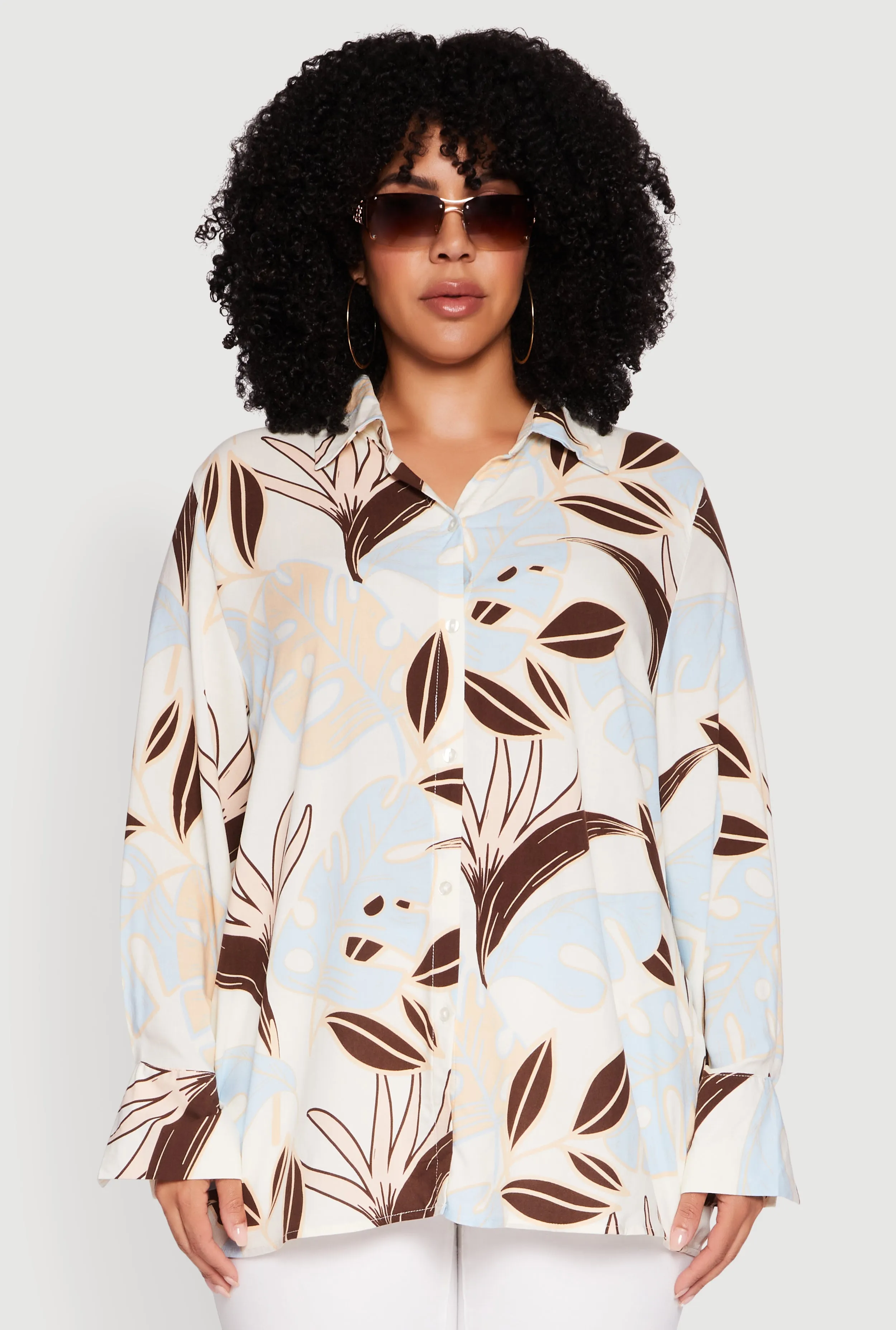 Plus Size Leaf Print Button Front Long Sleeve Shirt sold by Rainbow product image thumbnail 2