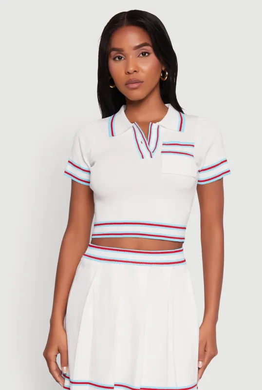 Daisy Varsity Stripe Trim Cropped Polo Shirt sold by Rainbow