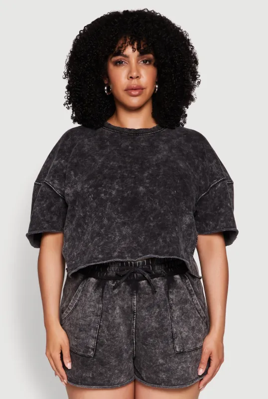 Plus Size Acid Wash Short Sleeve Cropped Sweatshirt sold by Rainbow