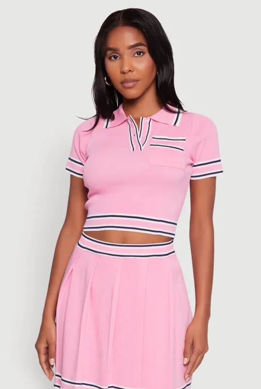 Daisy Varsity Stripe Trim Cropped Polo Shirt sold by Rainbow