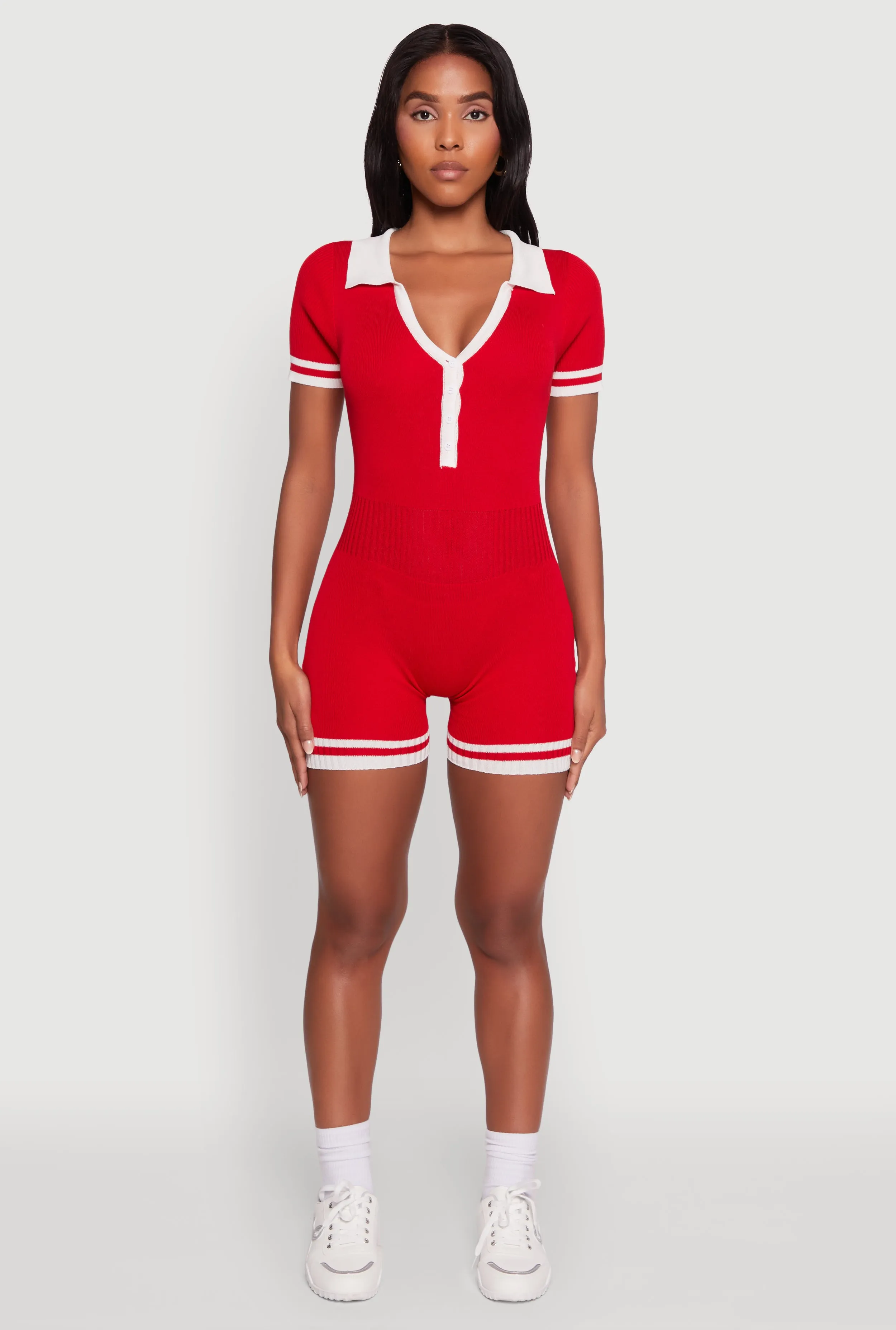 Daisy Ribbed Knit Varsity Stripe Button Front Romper sold by Rainbow product image thumbnail 2