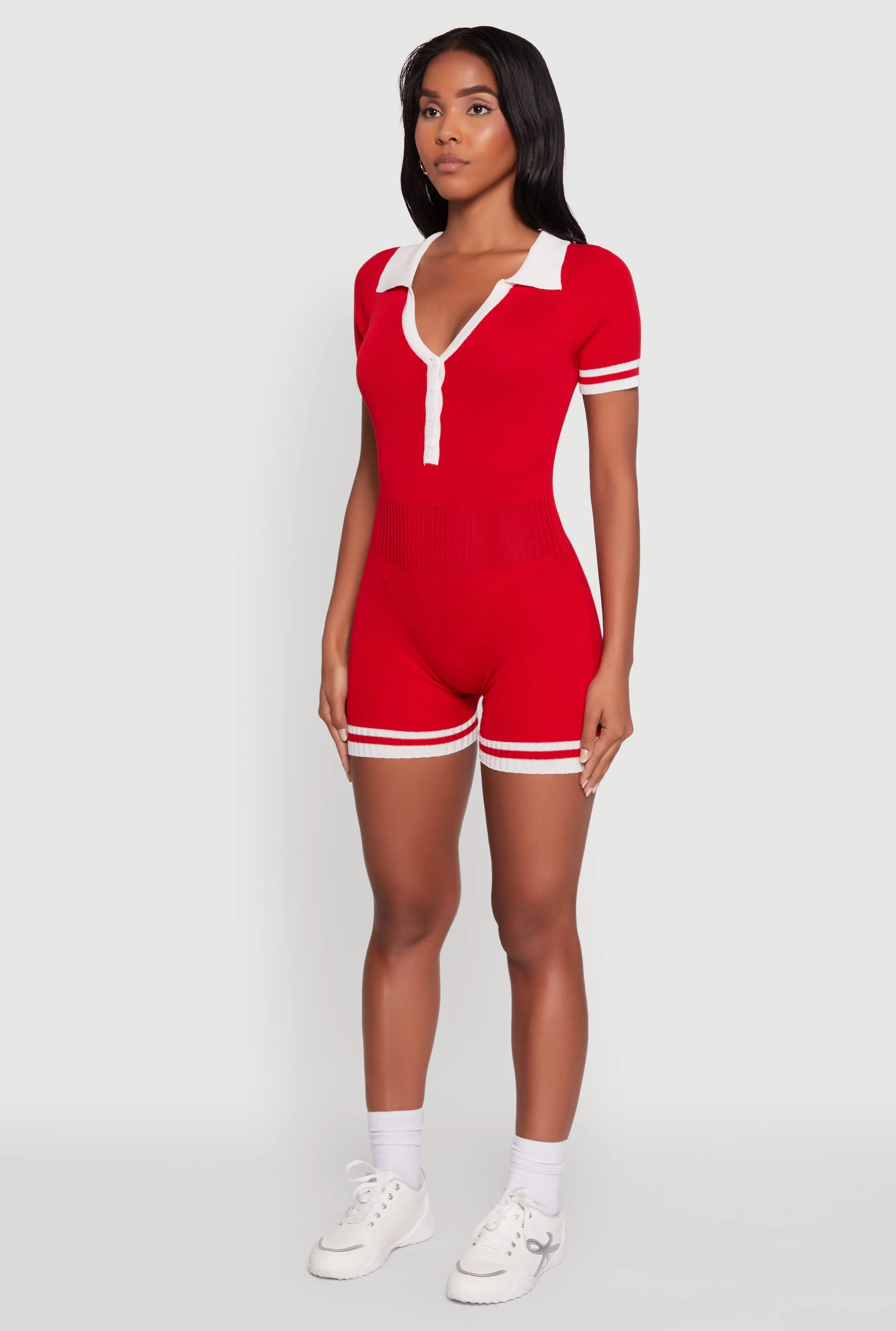 Daisy Ribbed Knit Varsity Stripe Button Front Romper sold by Rainbow product image thumbnail 3