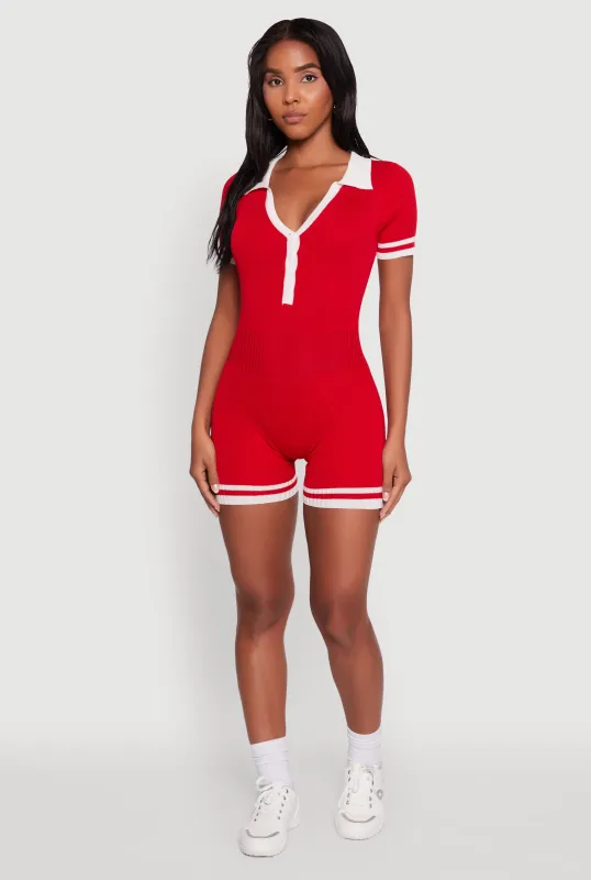 Daisy Ribbed Knit Varsity Stripe Button Front Romper sold by Rainbow