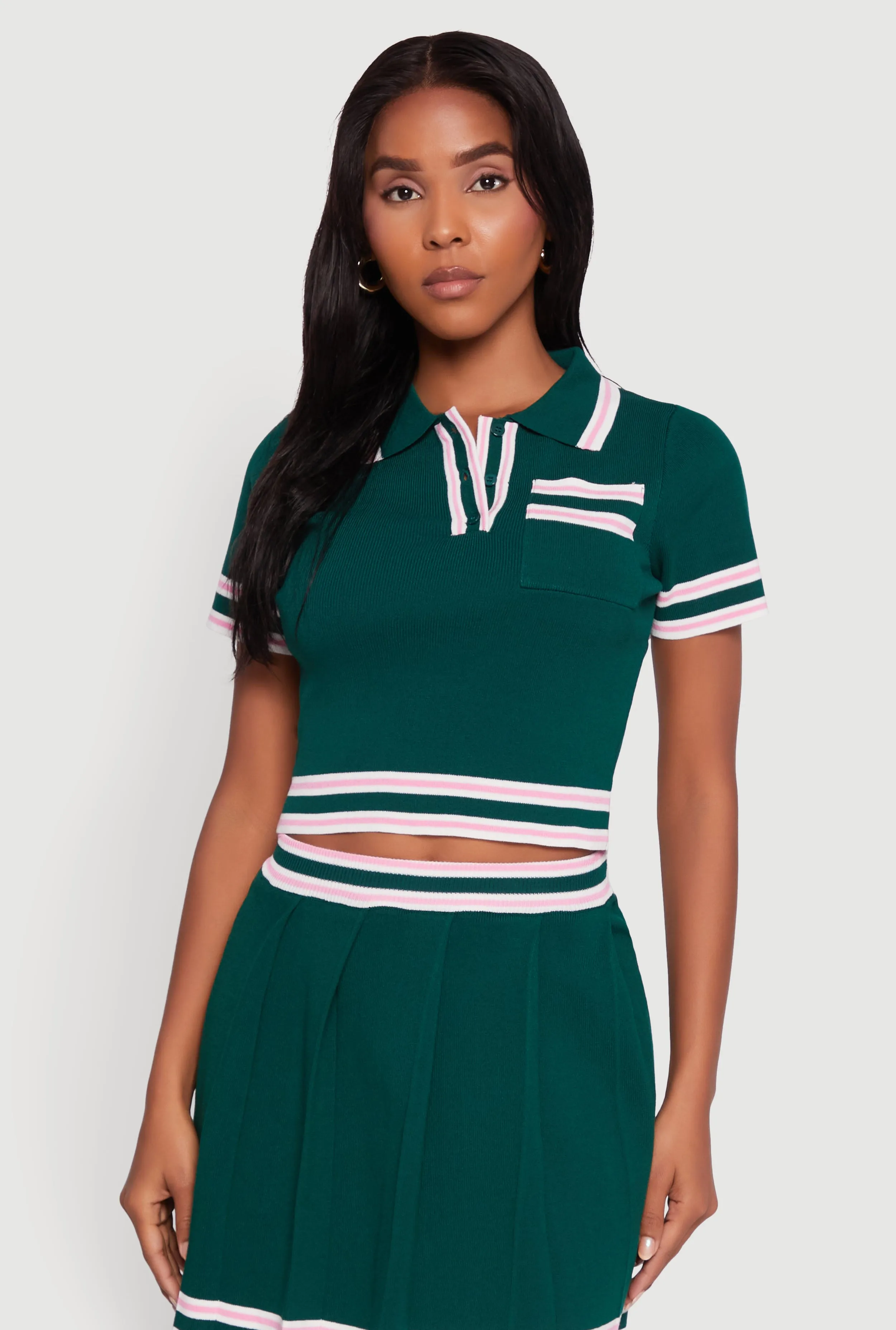 Daisy Varsity Stripe Trim Cropped Polo Shirt sold by Rainbow