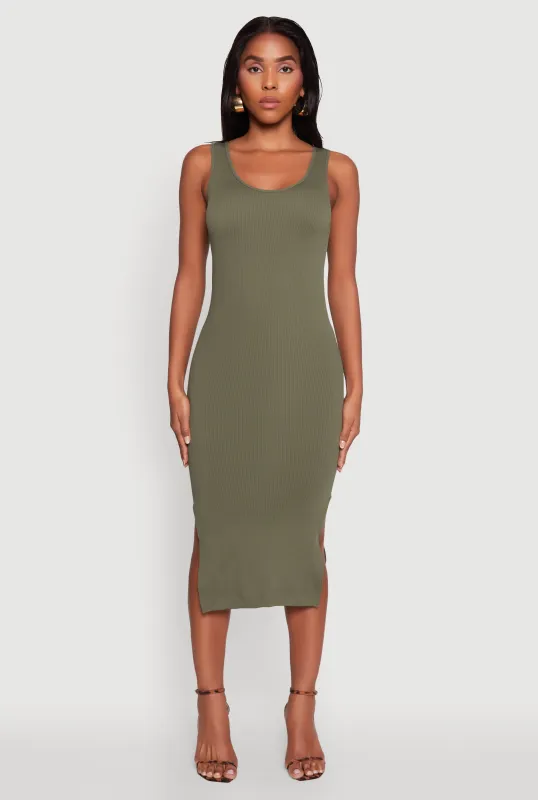 Rib Knit Scoop Neck Side Slit Tank Dress sold by Rainbow