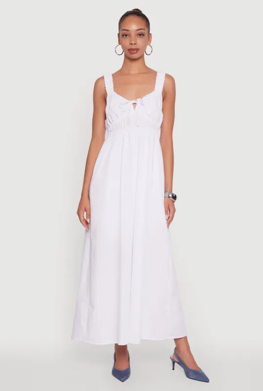 Poplin Sleeveless Scoop Neck Tie Front Maxi Dress sold by Rainbow