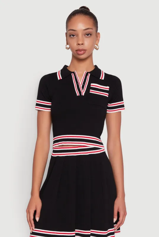 Daisy Varsity Stripe Trim Cropped Polo Shirt sold by Rainbow