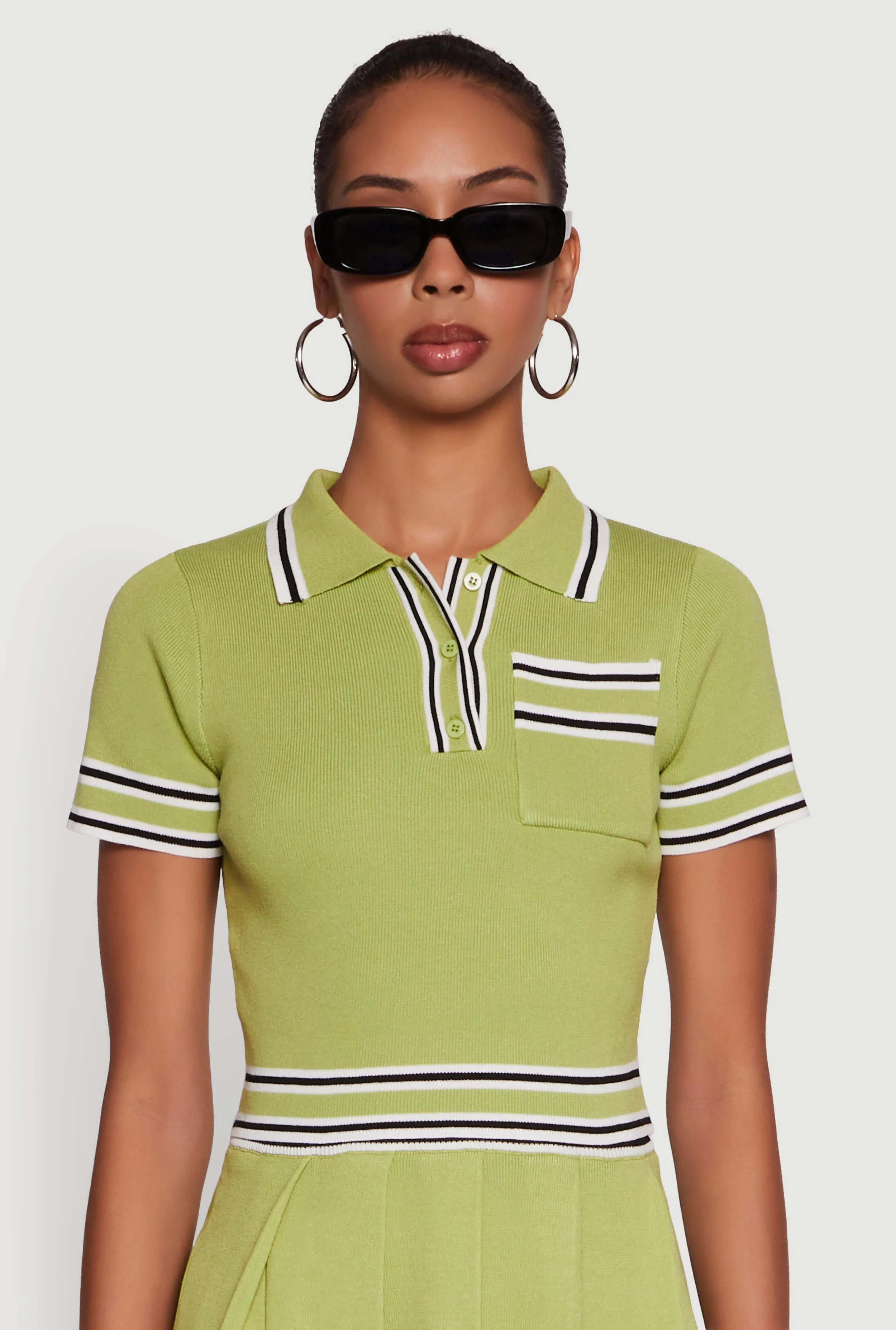 Daisy Varsity Stripe Trim Cropped Polo Shirt sold by Rainbow