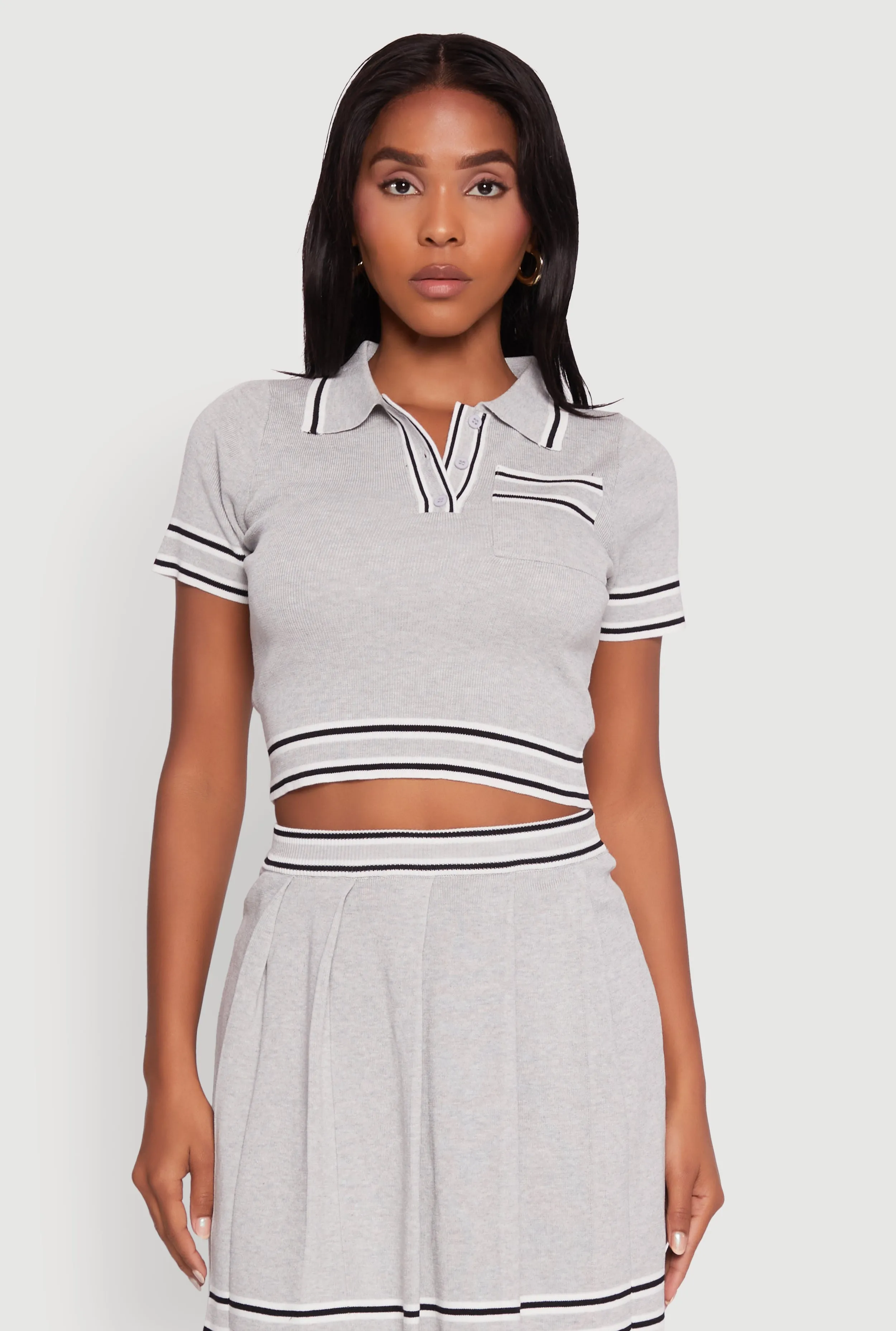 Daisy Varsity Stripe Trim Cropped Polo Shirt sold by Rainbow