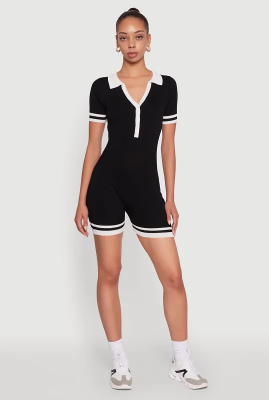 Daisy Ribbed Knit Varsity Stripe Button Front Romper sold by Rainbow