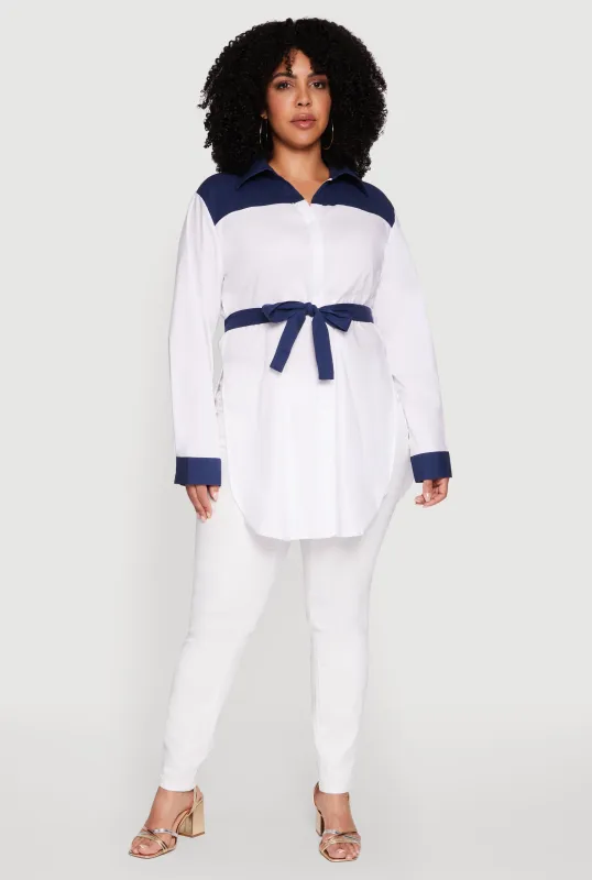 Plus Size Color Blocked Tie Waist Belted Tunic Shirt sold by Rainbow