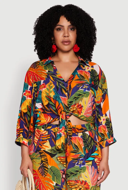 Plus Size Floral Print Tie Button Front Blouse sold by Rainbow
