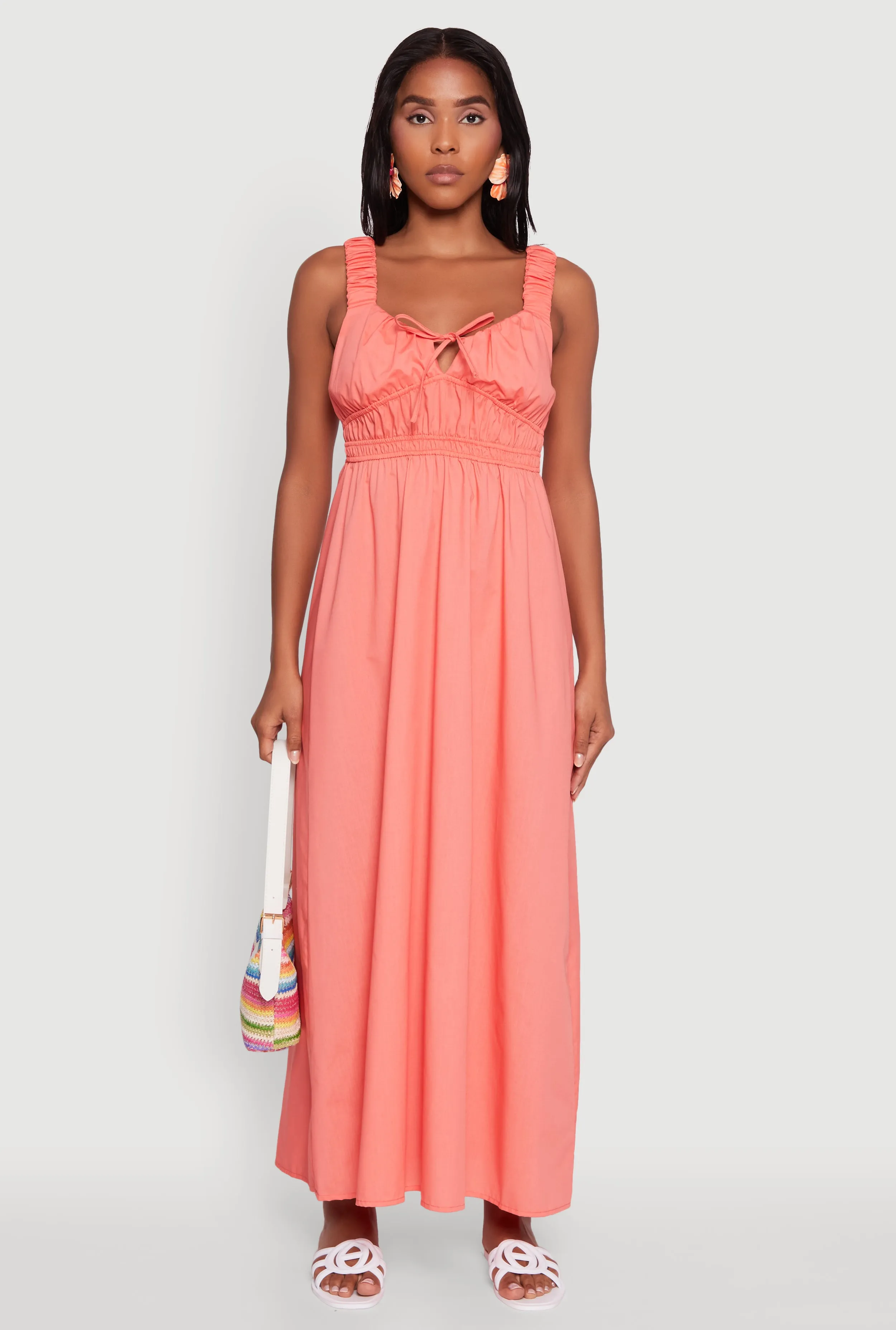 Poplin Sleeveless Scoop Neck Tie Front Maxi Dress sold by Rainbow