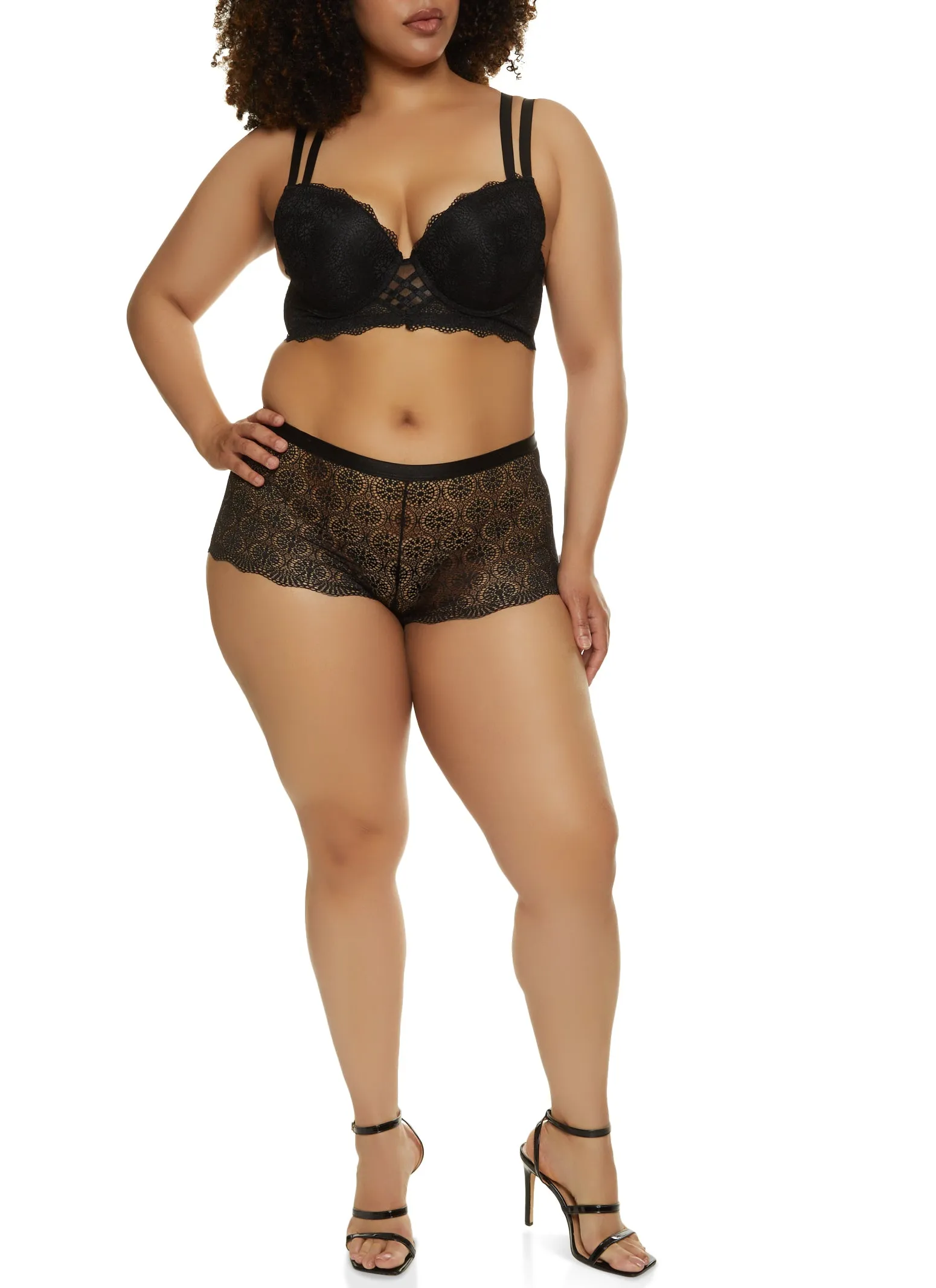 Plus Size Double Strap Caged Back Scalloped Lace Plunge Bra sold by Rainbow product image thumbnail 2