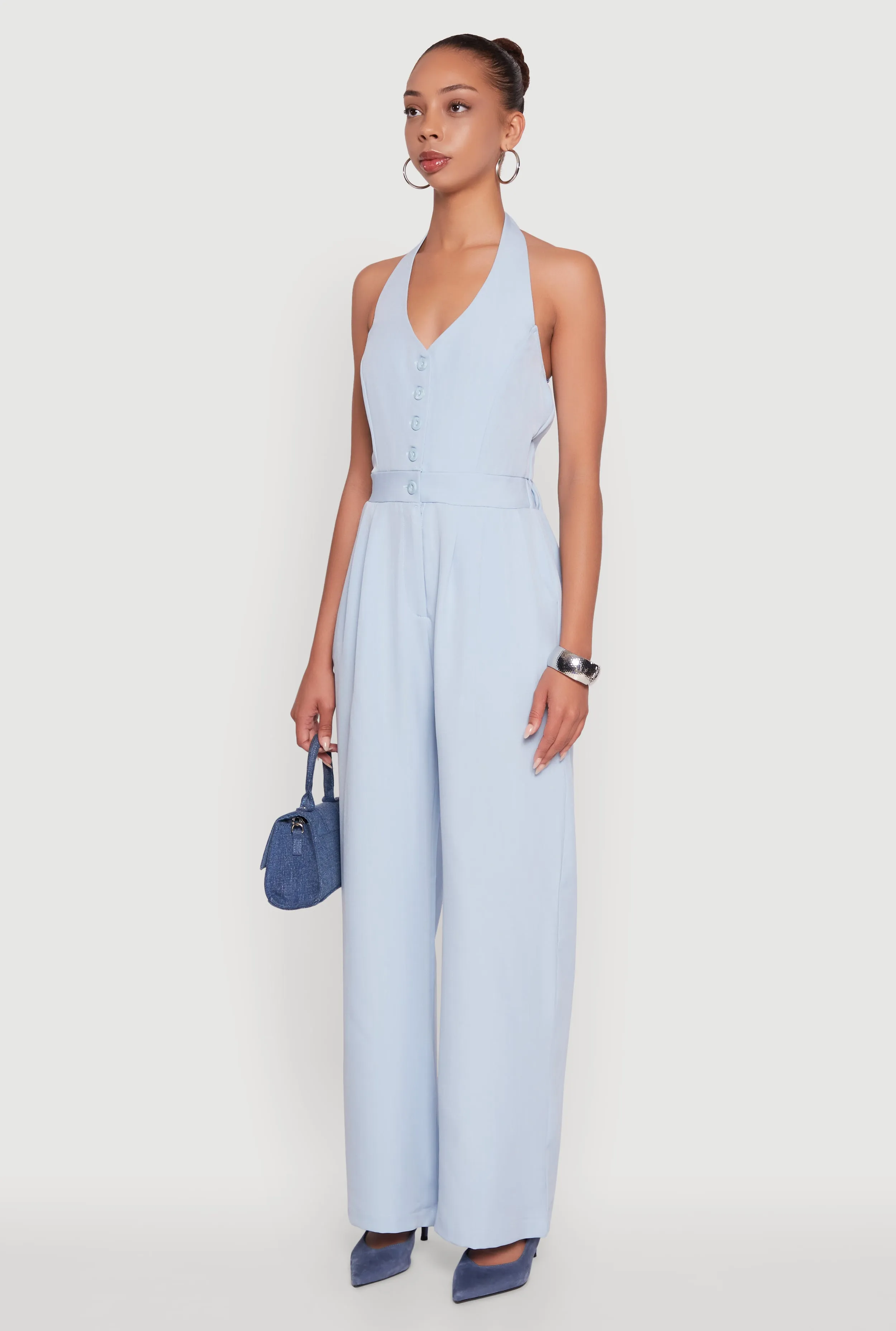 Pinstripe Button Front Halter Jumpsuit sold by Rainbow product image thumbnail 3