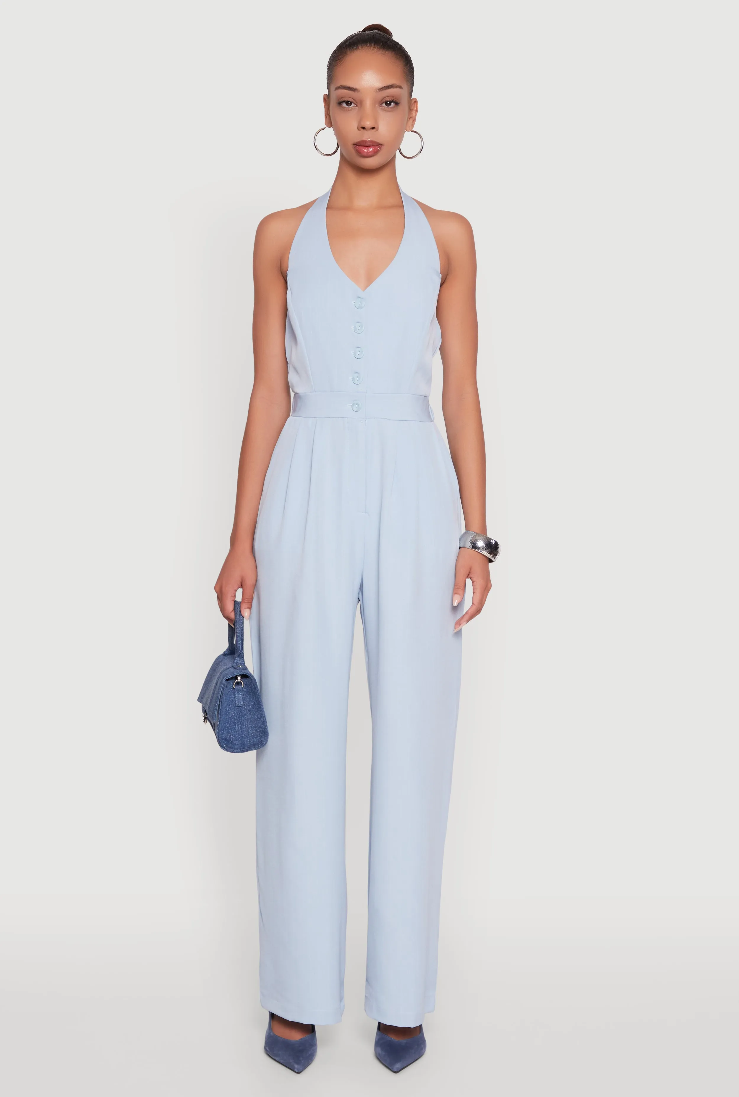 Pinstripe Button Front Halter Jumpsuit sold by Rainbow product image thumbnail 2