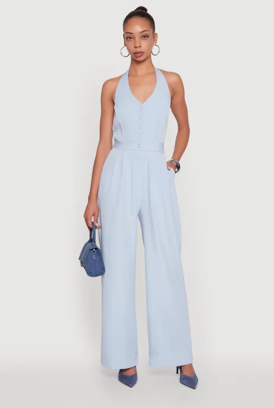 Pinstripe Button Front Halter Jumpsuit sold by Rainbow
