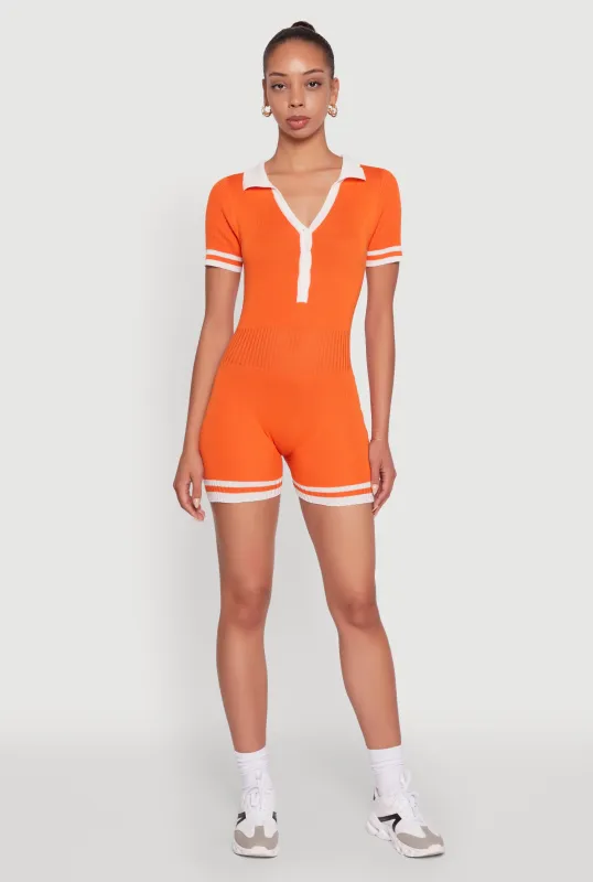 Daisy Ribbed Knit Varsity Stripe Button Front Romper sold by Rainbow