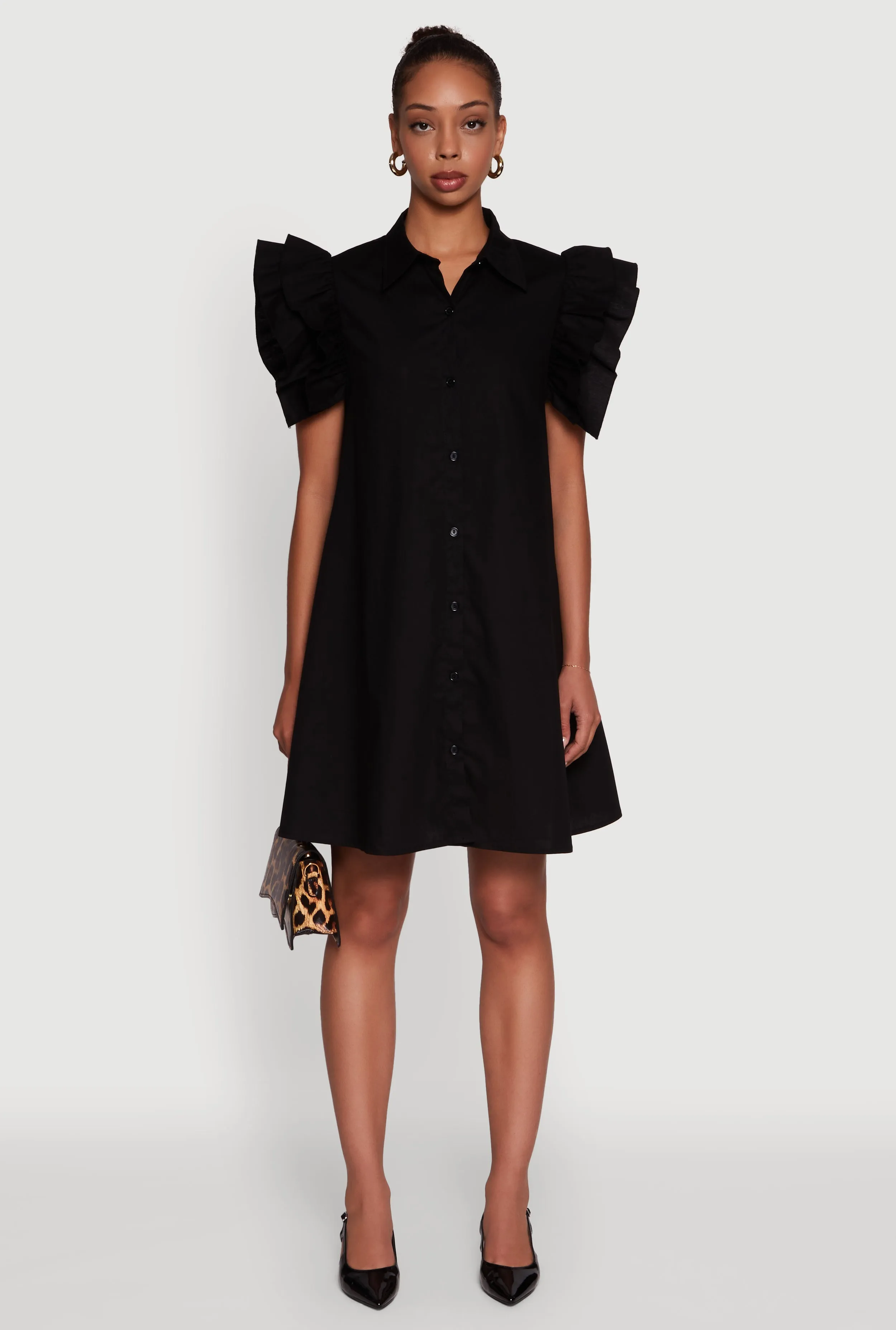 Poplin Button Front Flutter Sleeve Dress sold by Rainbow
