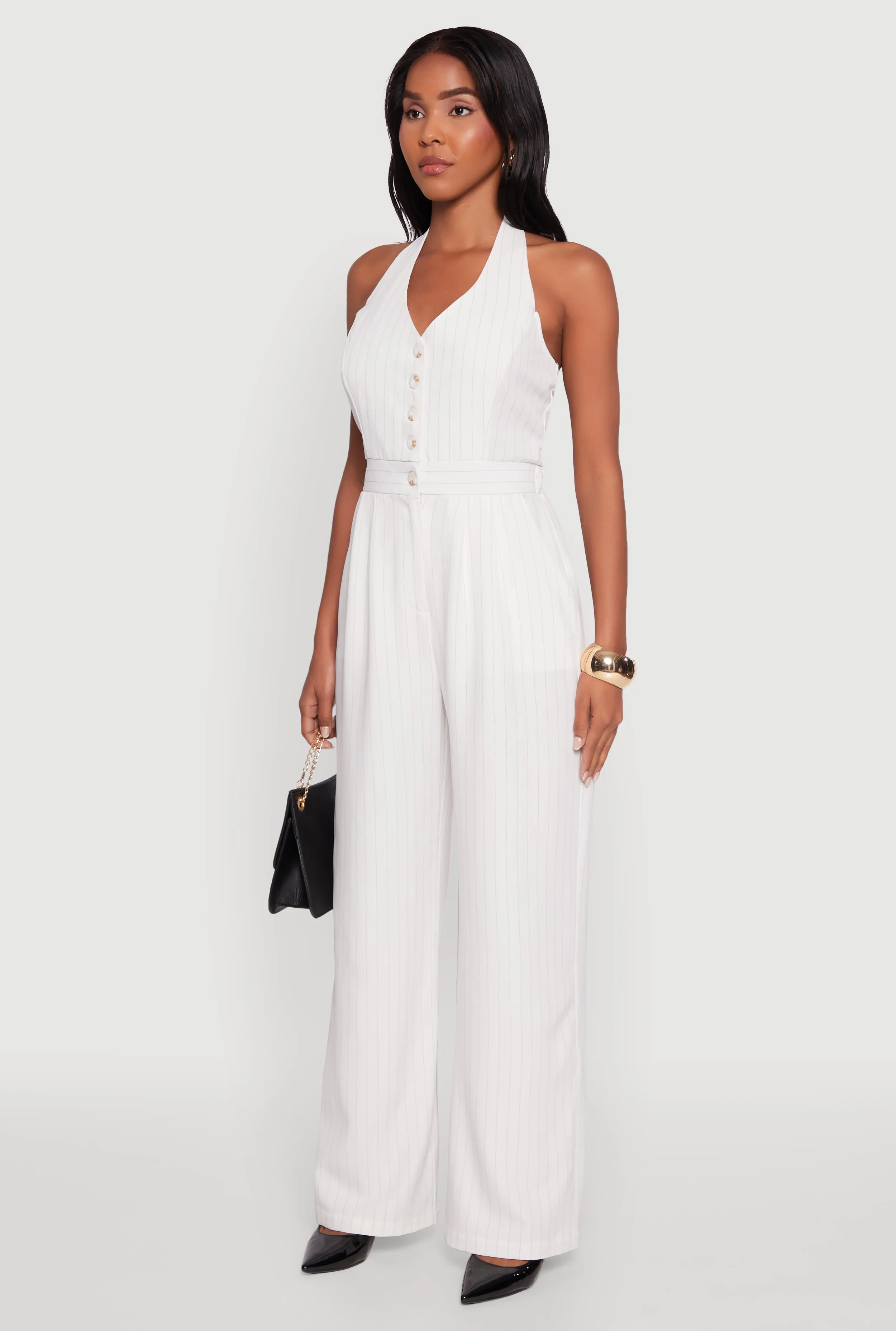 Pinstripe Button Front Halter Jumpsuit sold by Rainbow product image thumbnail 3