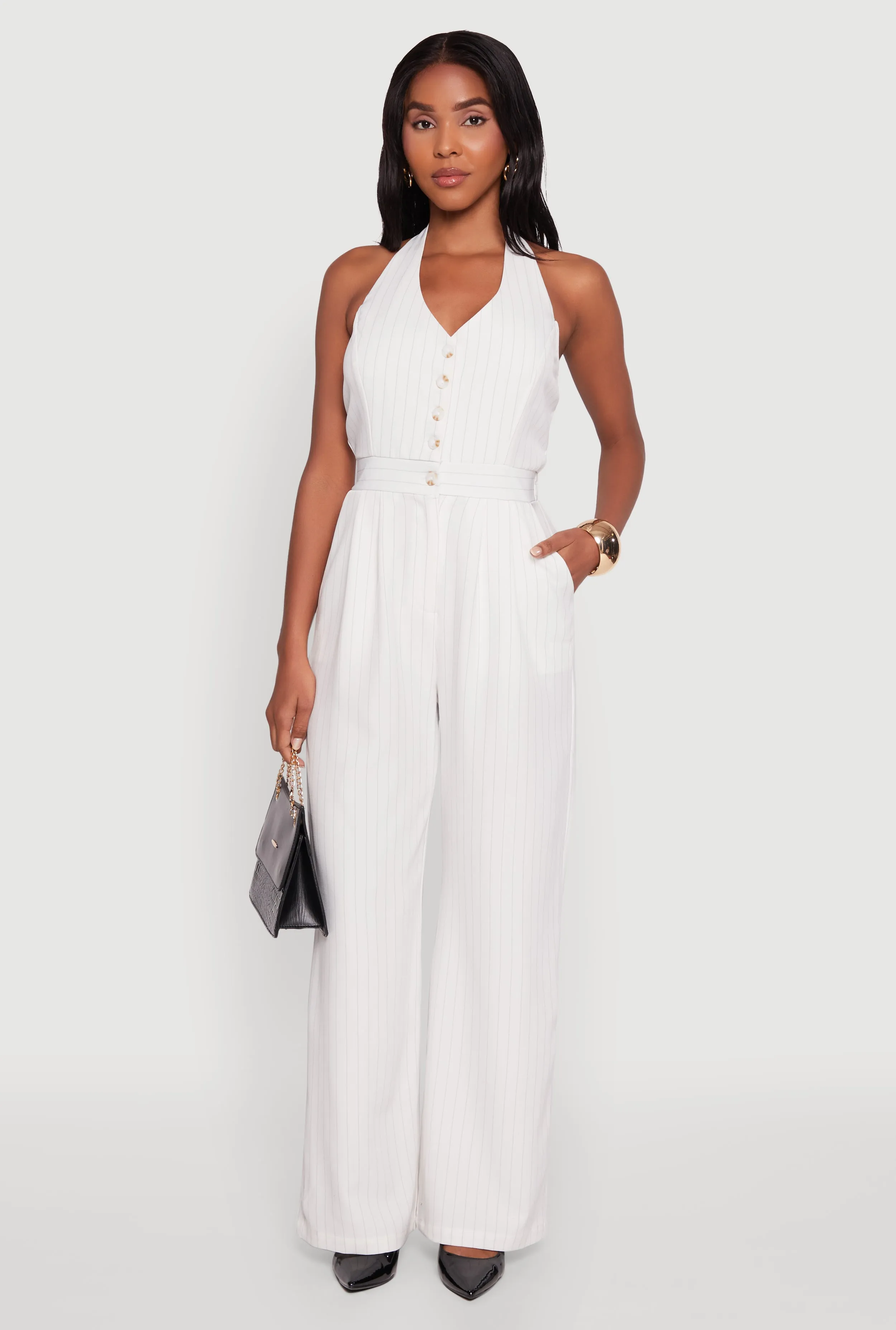 Pinstripe Button Front Halter Jumpsuit sold by Rainbow product image thumbnail 2