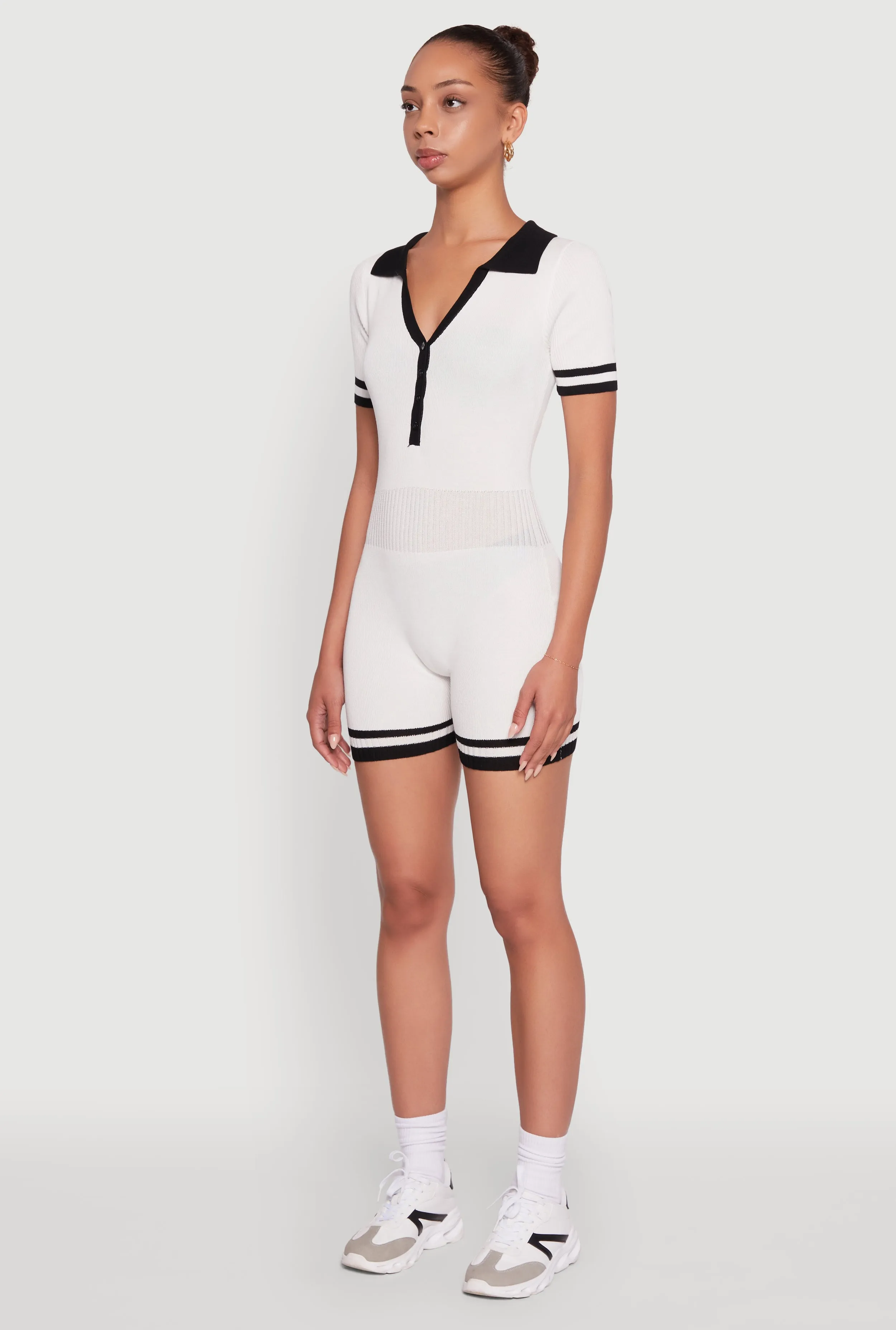 Daisy Ribbed Knit Varsity Stripe Button Front Romper sold by Rainbow product image thumbnail 3