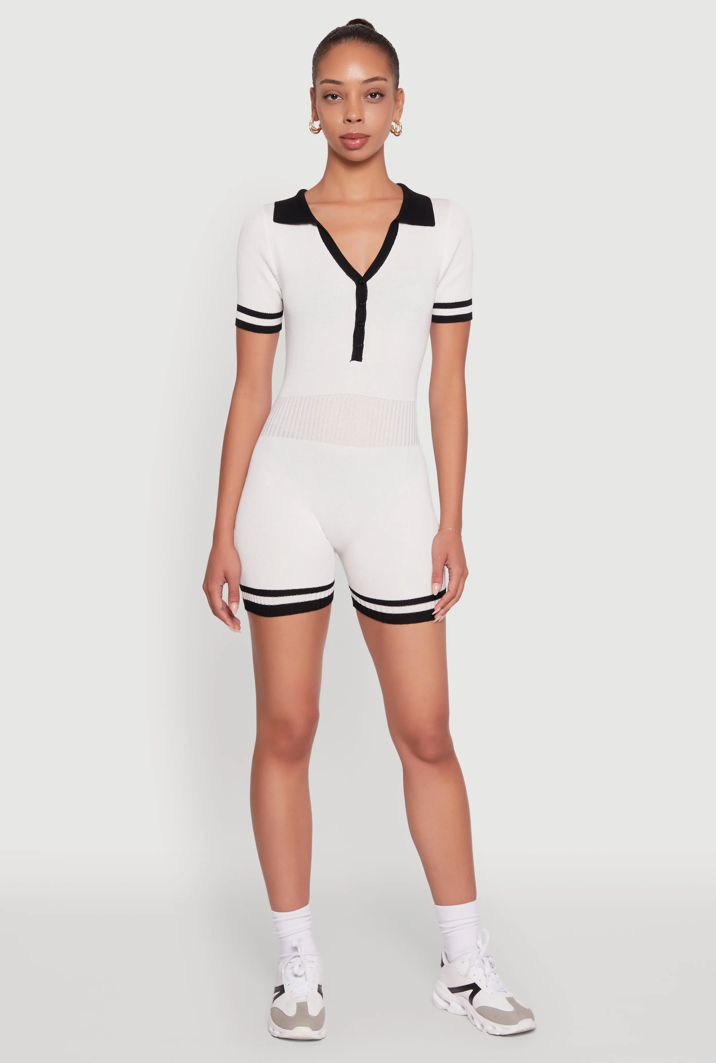 Daisy Ribbed Knit Varsity Stripe Button Front Romper sold by Rainbow