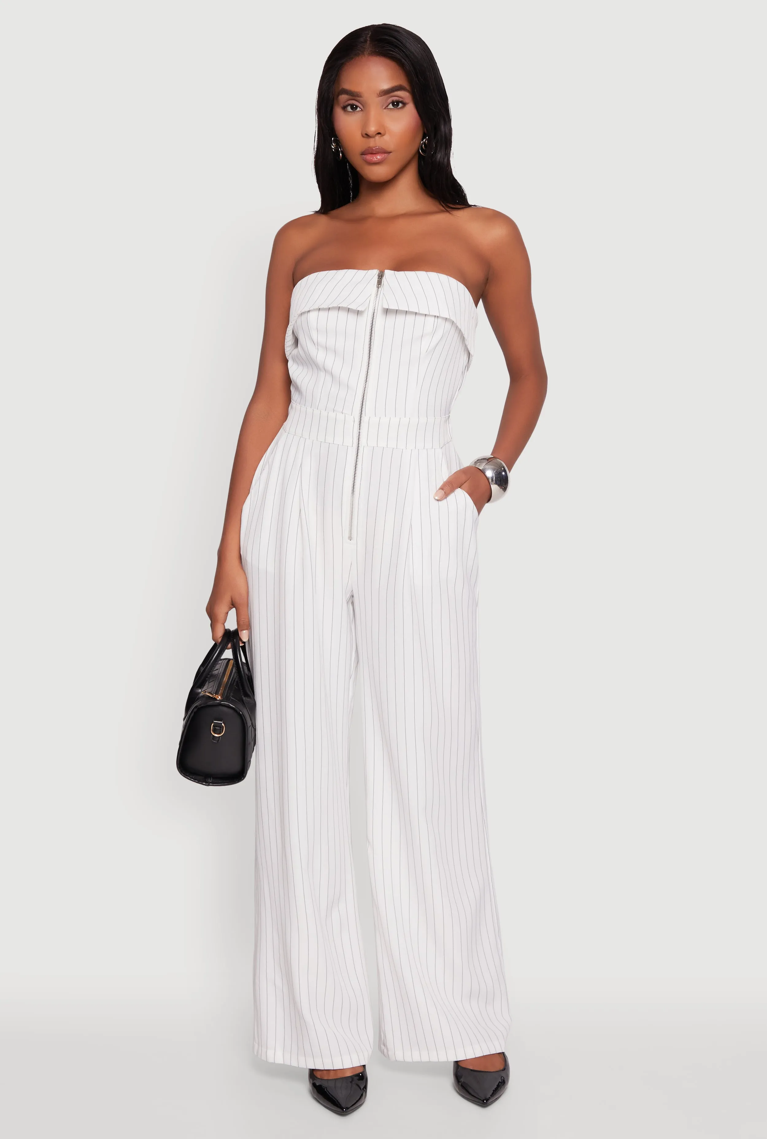 Pinstripe Fold Over Strapless Jumpsuit sold by Rainbow