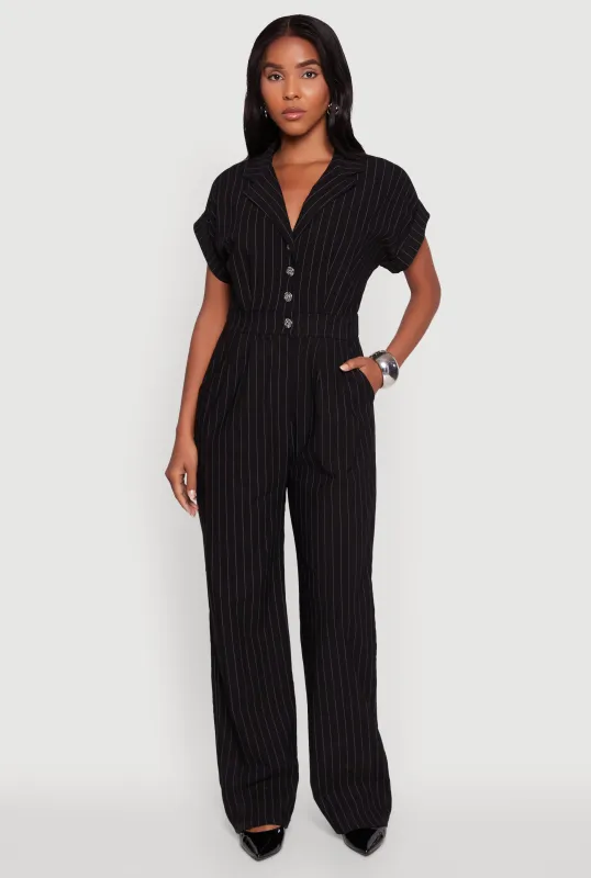 Trendy Pinstripe Button Front Pleated Jumpsuit sold by Rainbow