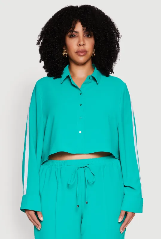 Plus Size Crepe Knit Cropped Shirt with Side Stripe sold by Rainbow