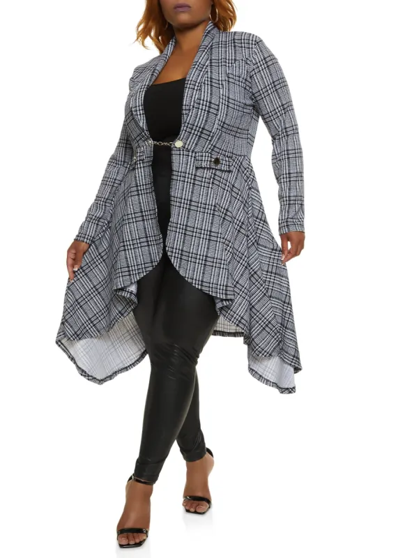 Plus Size Plaid Chain Button High Low Blazer sold by Rainbow